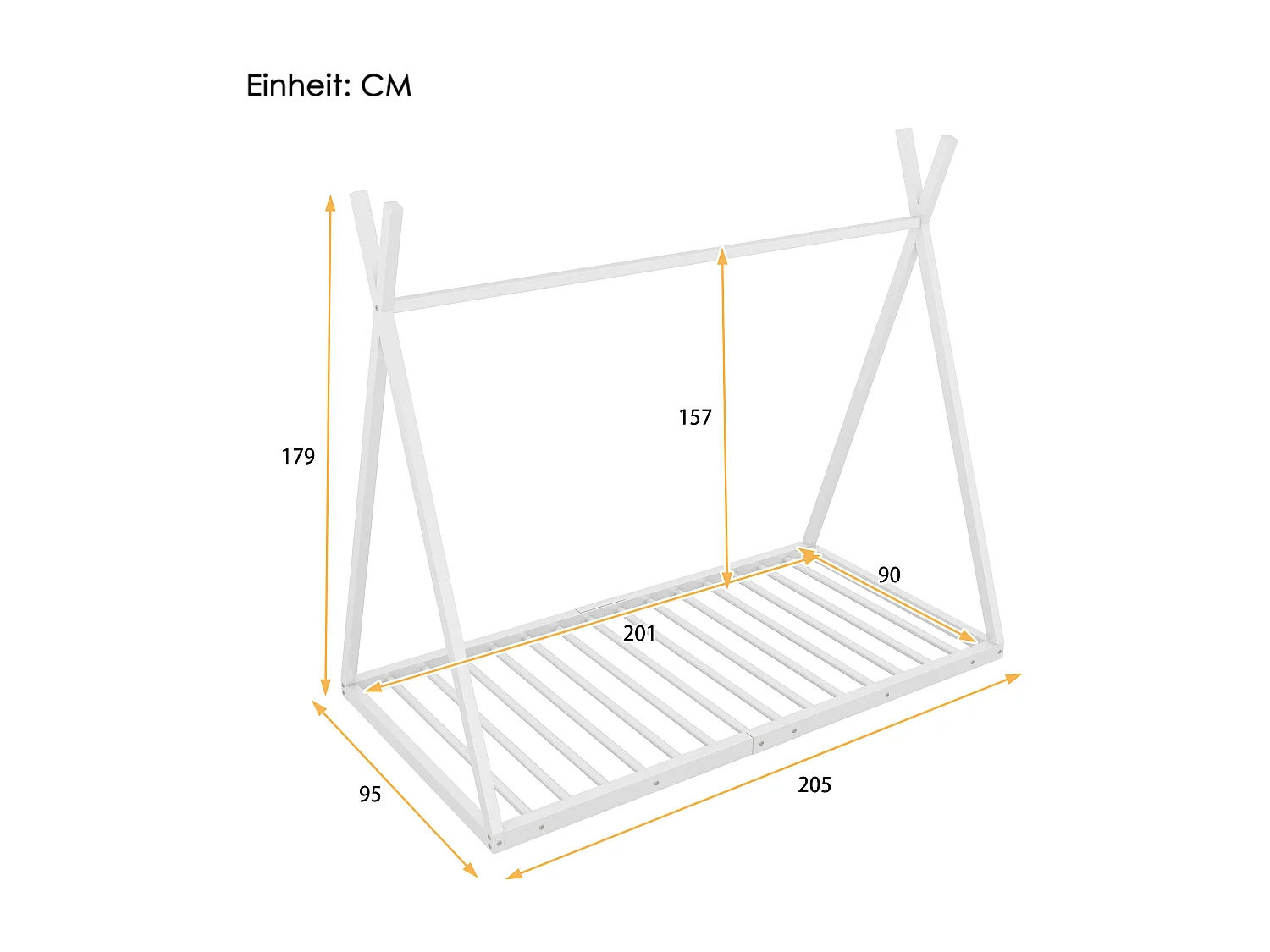 Tipi-Bett 90 x 200 cm aus Metall für Babys – Dreiecksform – Lattenrost – Weiß