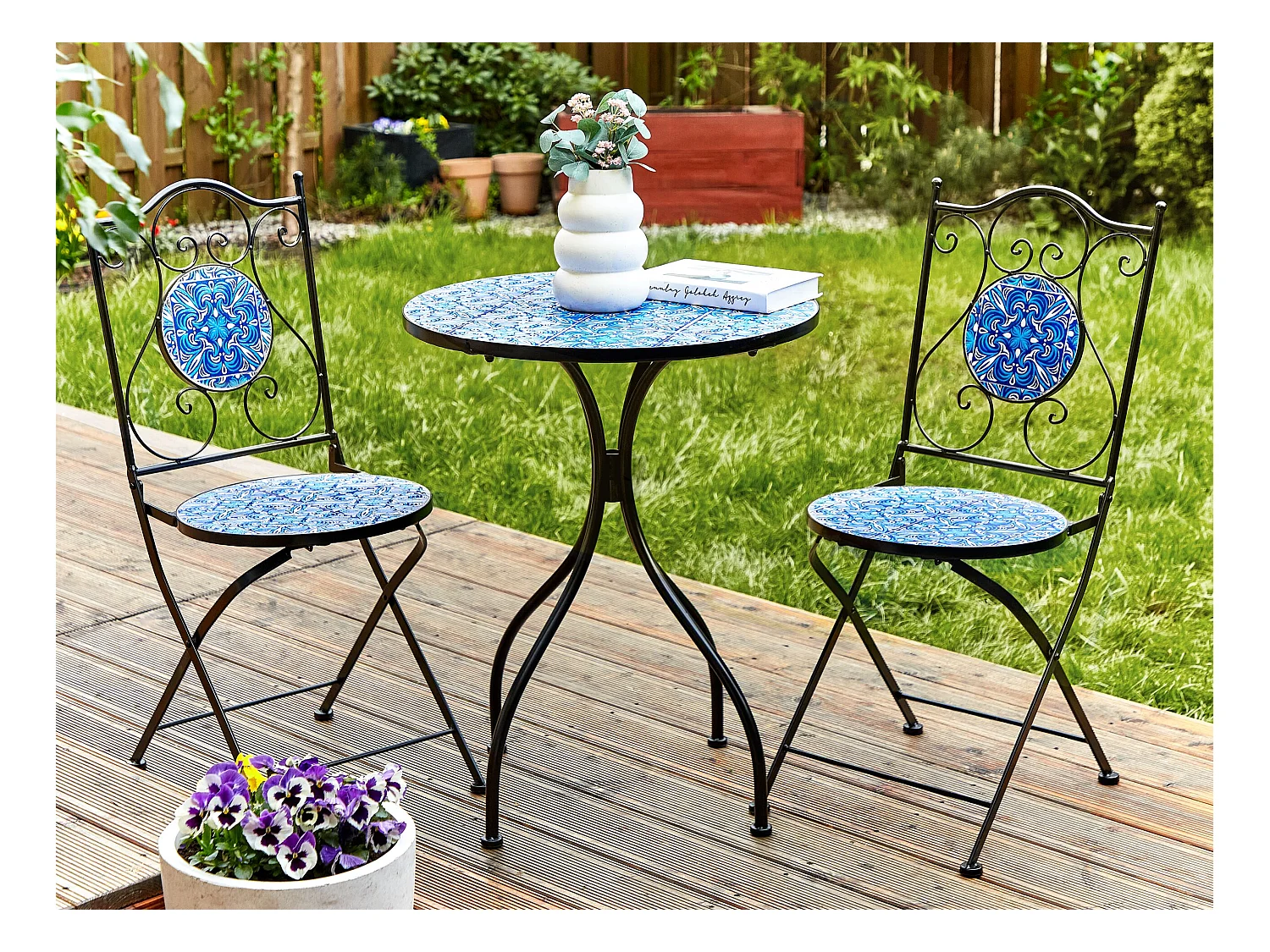 Gartentisch Metall schwarz / blau Mosaik Muster 60 cm rund Cigilano