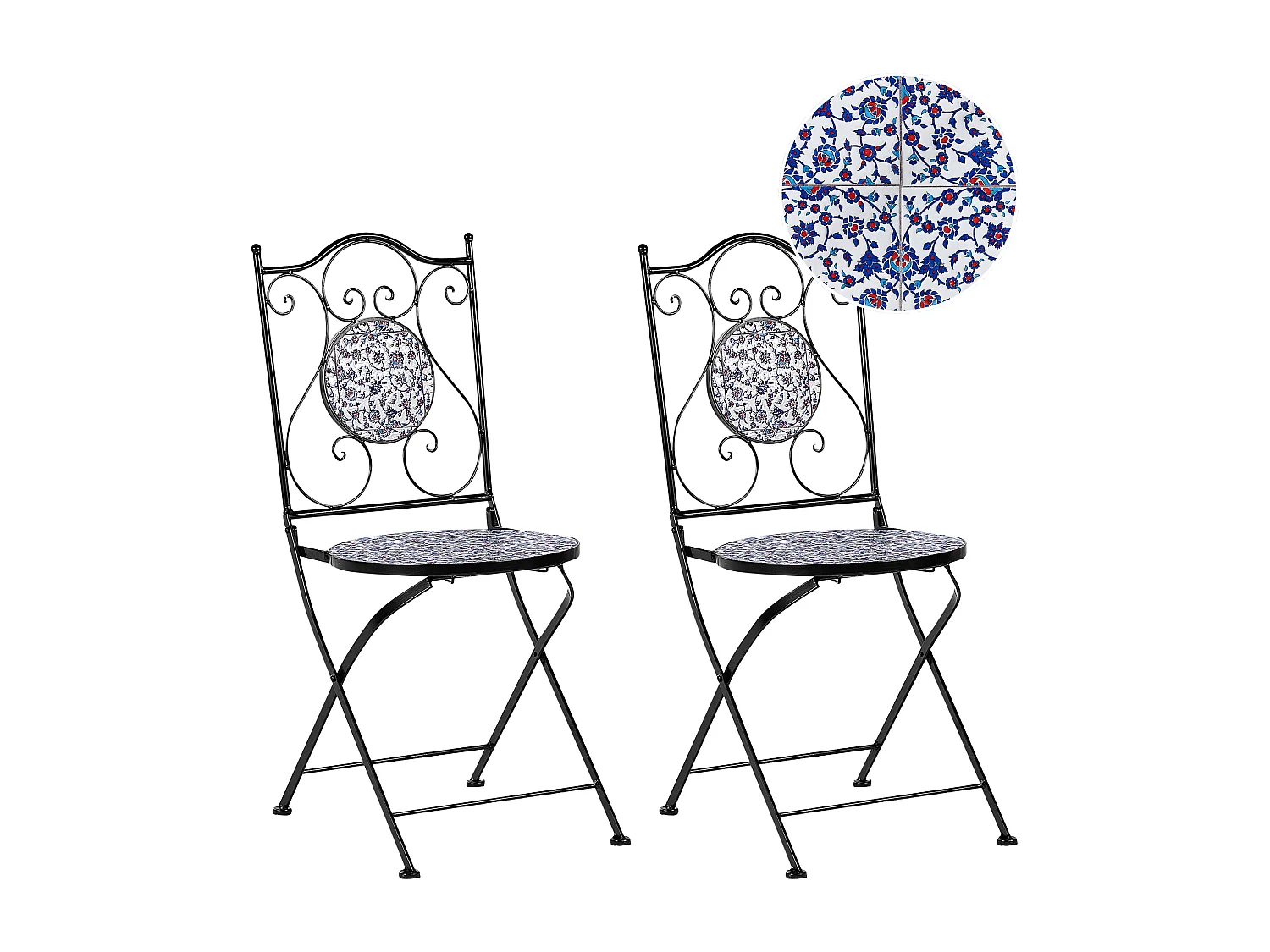 Gartenstühle 2er Set Metall schwarz / blau Mosaik Muster zusammenklappbar Camprena