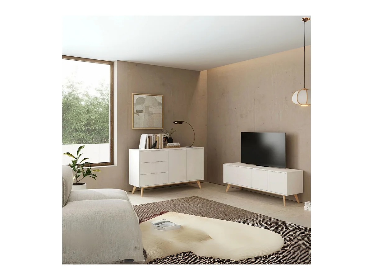 Meuble TV 4 Portes Blanc et Pin Massif L140 cm - Campus