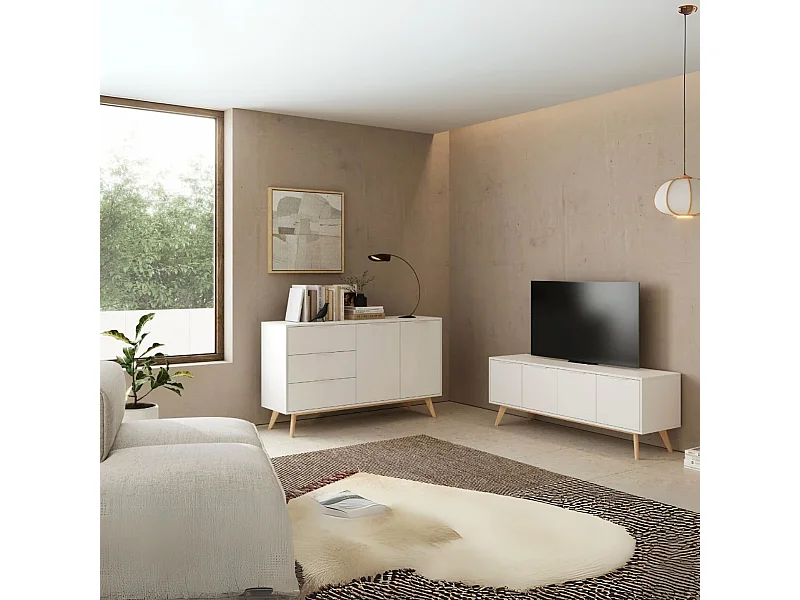 Meuble TV 4 Portes Blanc et Pin Massif L140 cm - Campus