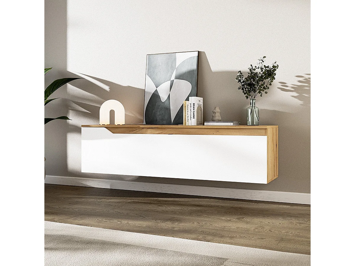 TV-Möbel 1 Tür Eiche Gold und Weiß Dekor L140 cm - Tree