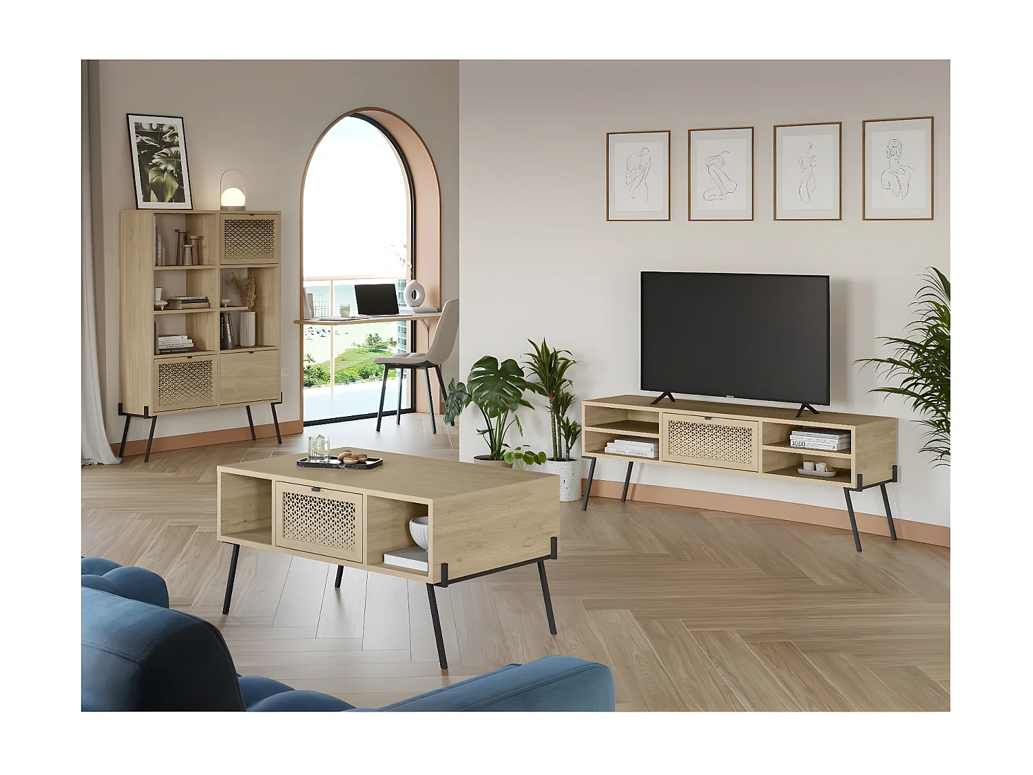 TV-Möbel 1 Tür, 4 Fächer und Metallfüße L140 cm - Evan