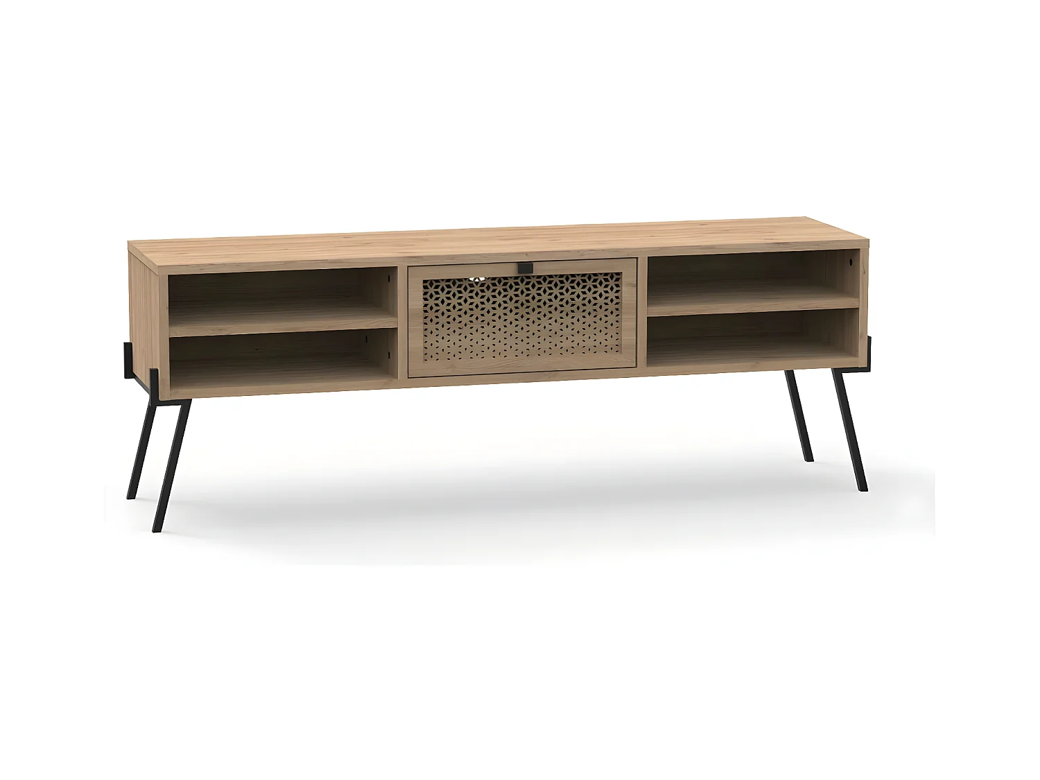 Meuble TV 1 Porte, 4 Niches et Pieds en Métal L140 cm - Evan