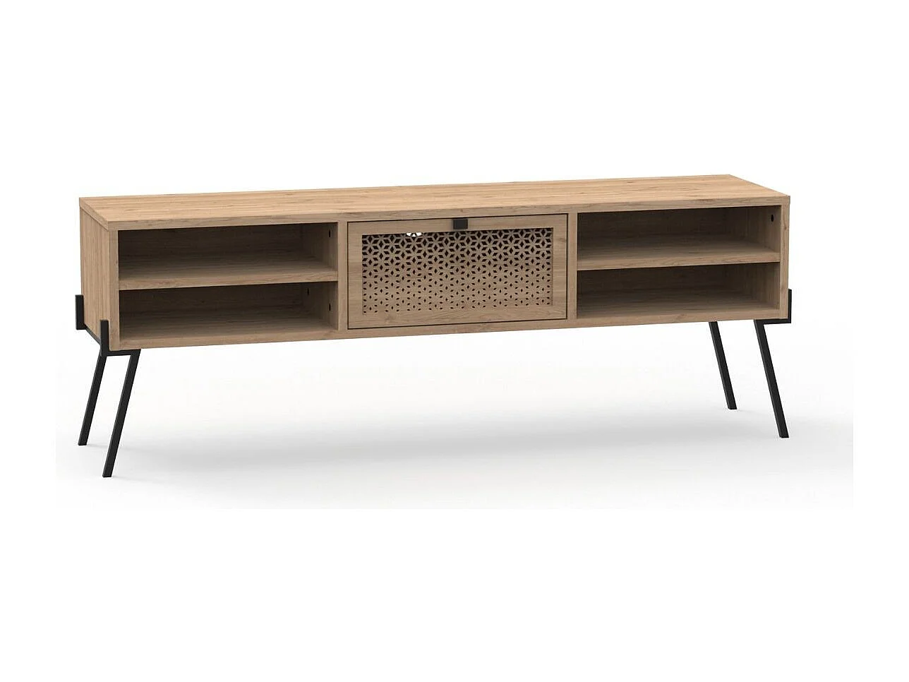 Meuble TV 1 Porte, 4 Niches et Pieds en Métal L140 cm - Evan