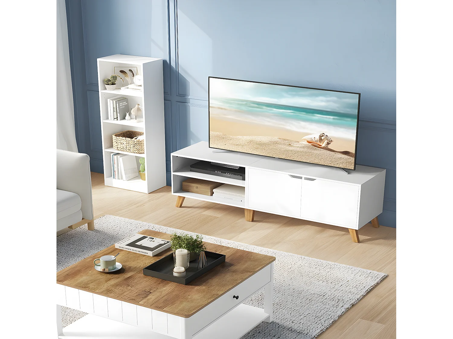 Meuble TV 2 niches et 2 portes blanc - L140 cm