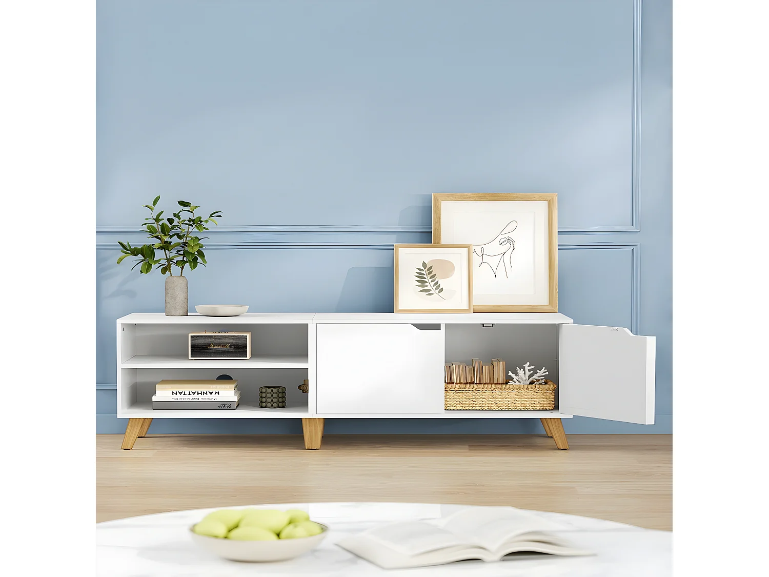 Meuble TV 2 niches et 2 portes blanc - L140 cm