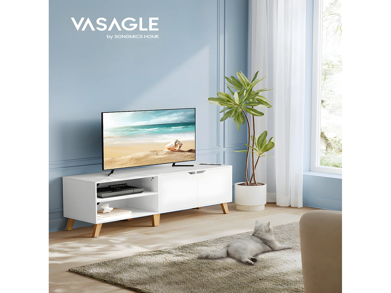 Meuble TV 2 niches et 2 portes blanc - L140 cm