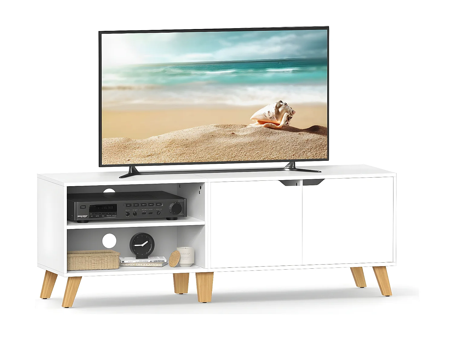 Meuble TV 2 niches et 2 portes blanc - L140 cm