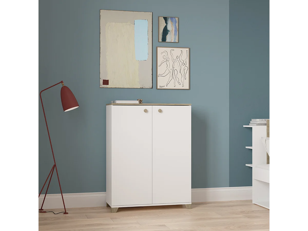 Kleine buffetkast met 2 openslaande deuren, eiken kronberg en wit decor - L79,7 cm