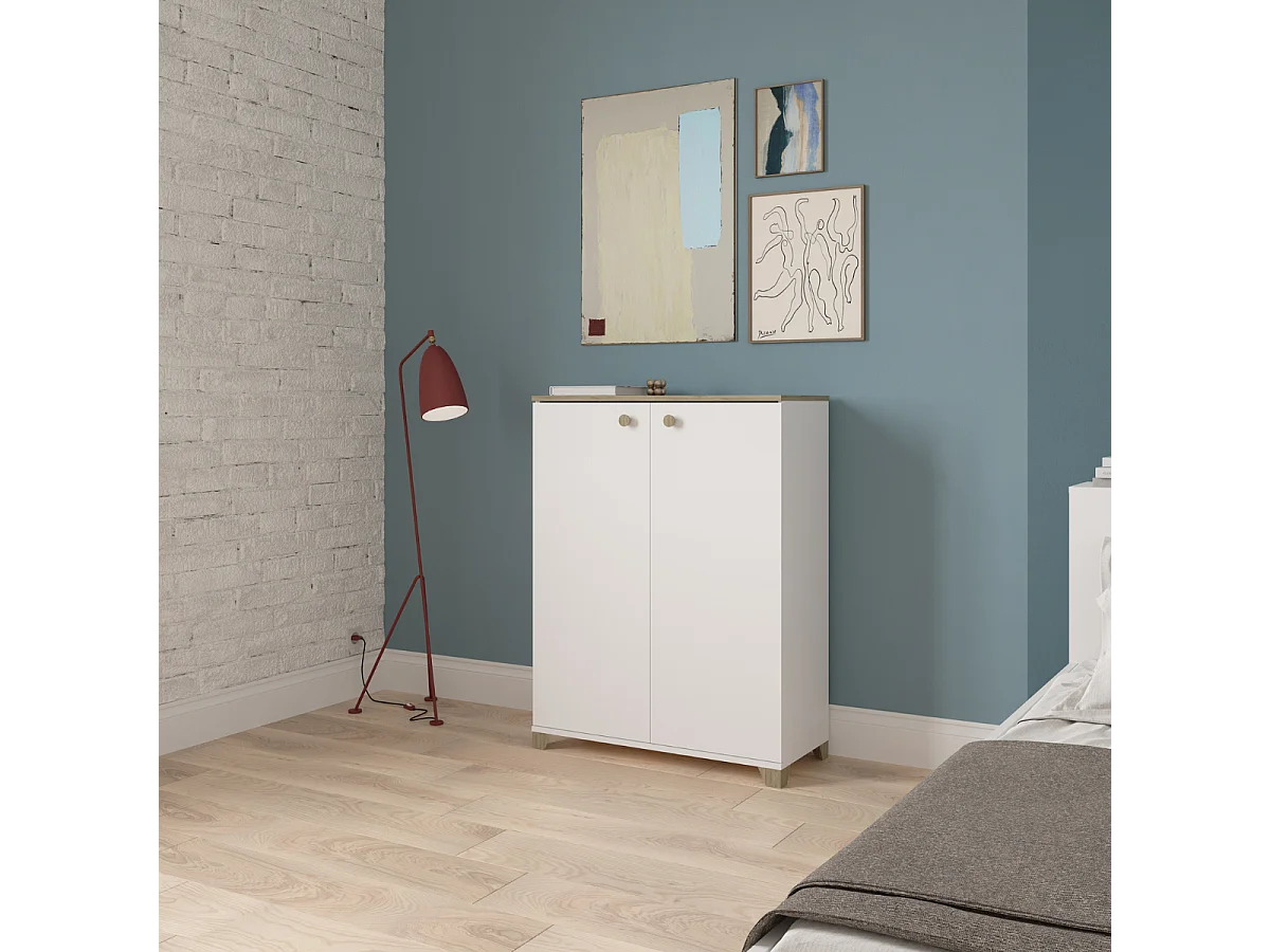 Kleine buffetkast met 2 openslaande deuren, eiken kronberg en wit decor - L79,7 cm