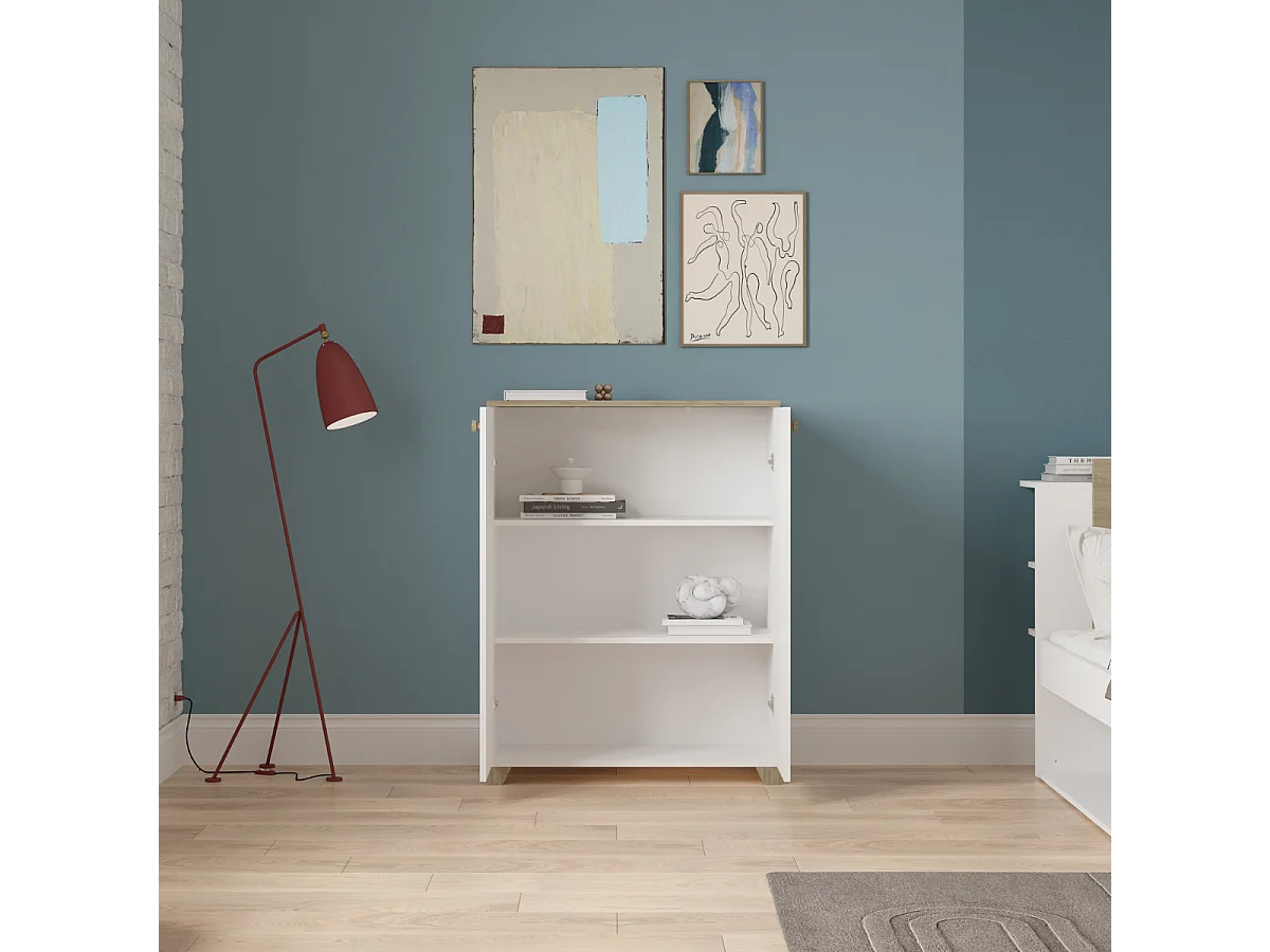 Kleine buffetkast met 2 openslaande deuren, eiken kronberg en wit decor - L79,7 cm