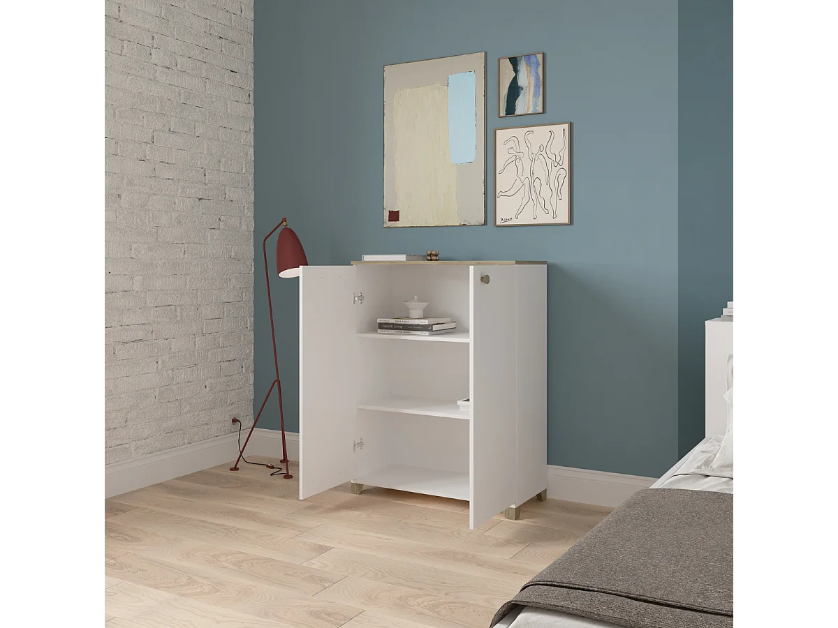 Kleine buffetkast met 2 openslaande deuren, eiken kronberg en wit decor - L79,7 cm