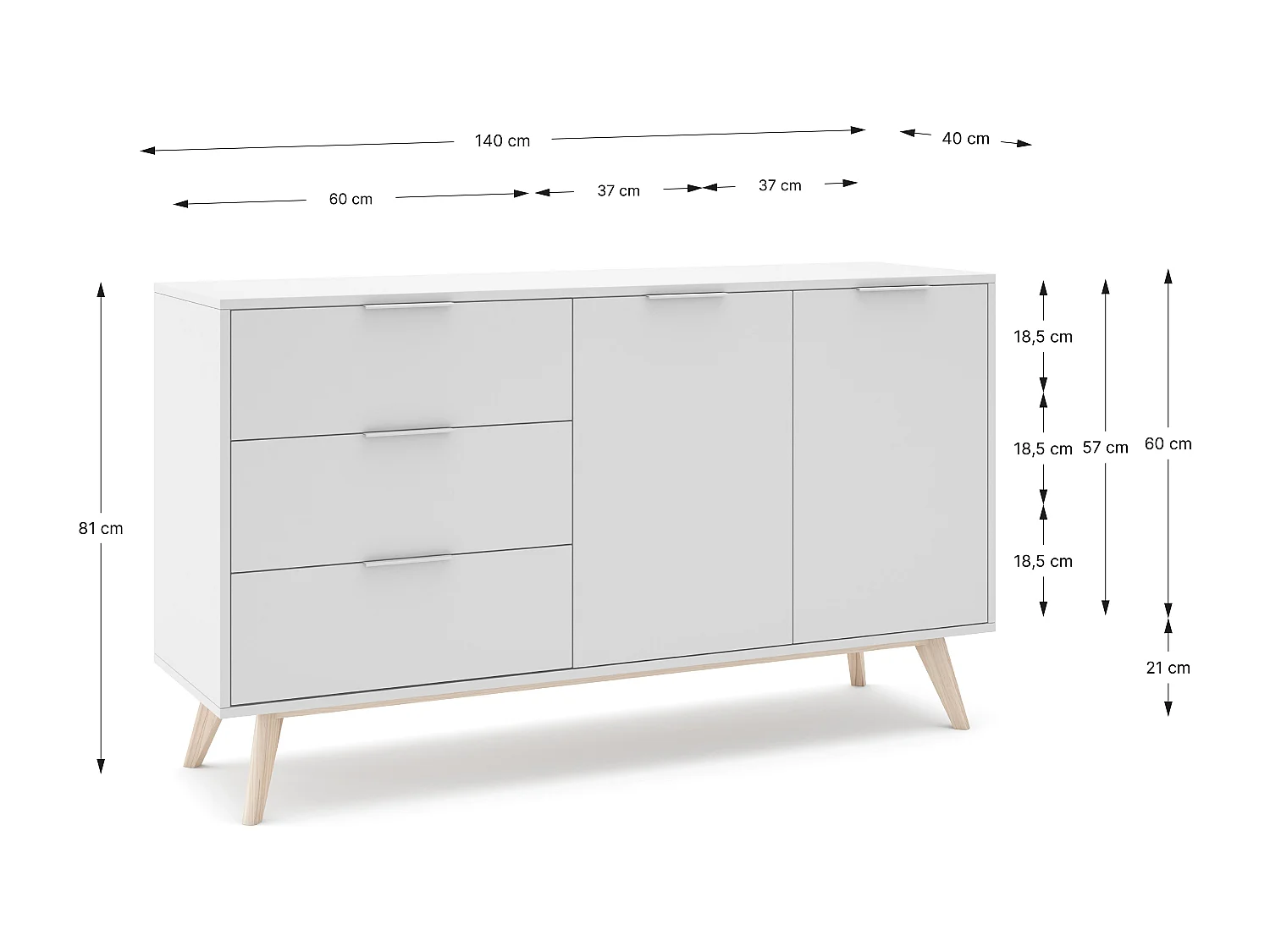 Buffet 2 portes, 3 tiroirs Campus - L140 cm