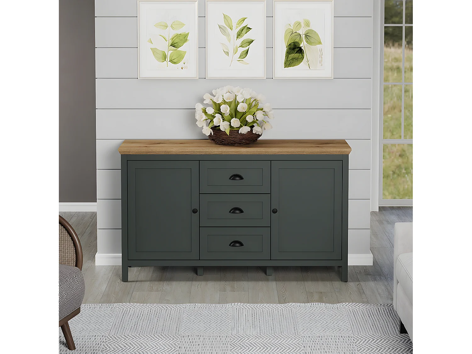 Stanton Sideboard grün, Eiche dekor.