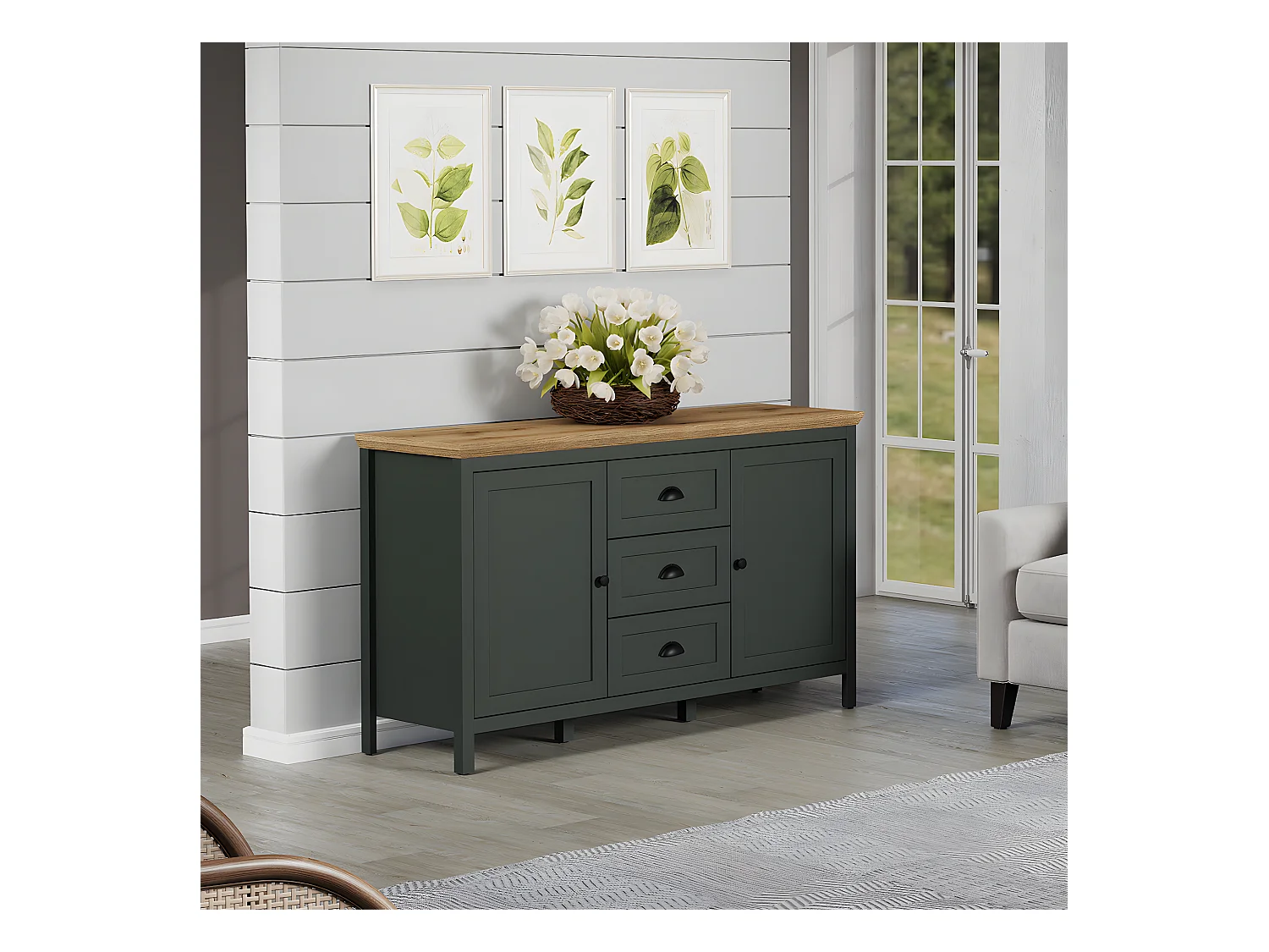 Stanton Sideboard grün, Eiche dekor.