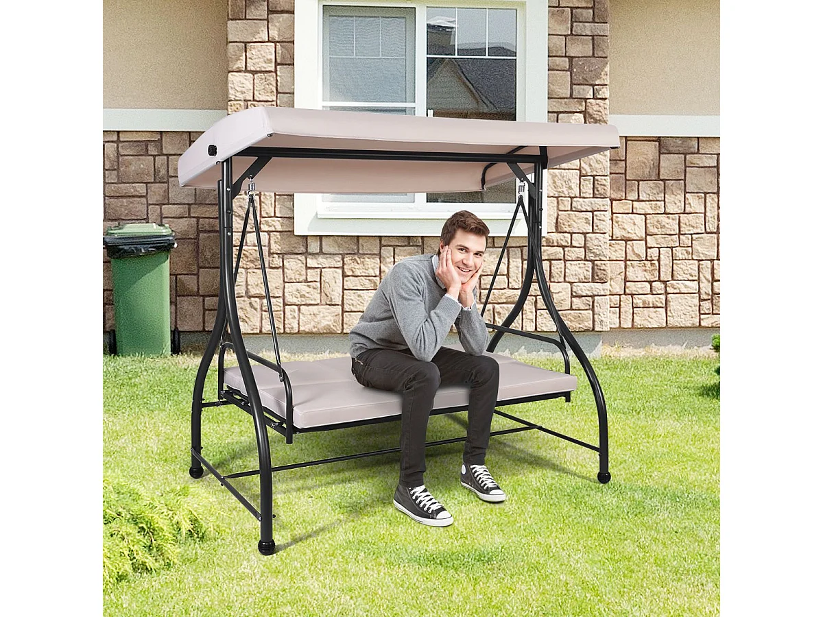 2 en 1 Jardin Balançoire Bain de Soleil, 3 Places avec Toit Réglable, Balancelle de Jardin, Dossier Ergonomique, pour Cour, Jardin, Balcon, 112x183x178 cm