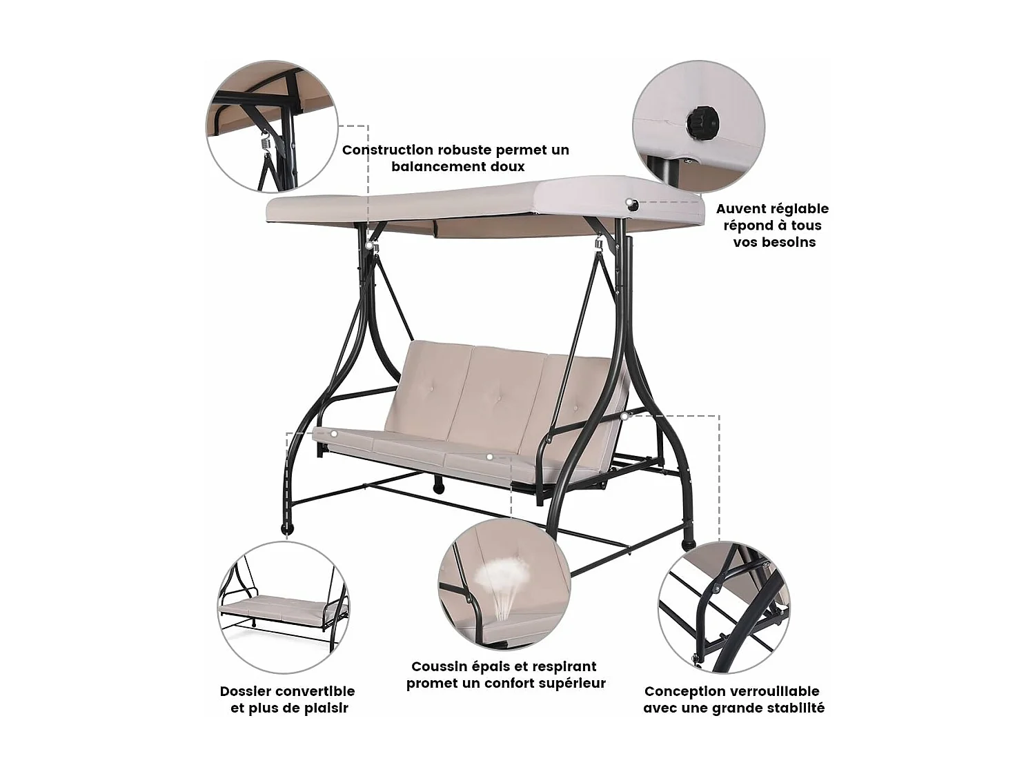 2 en 1 Jardin Balançoire Bain de Soleil, 3 Places avec Toit Réglable, Balancelle de Jardin, Dossier Ergonomique, pour Cour, Jardin, Balcon, 112x183x178 cm