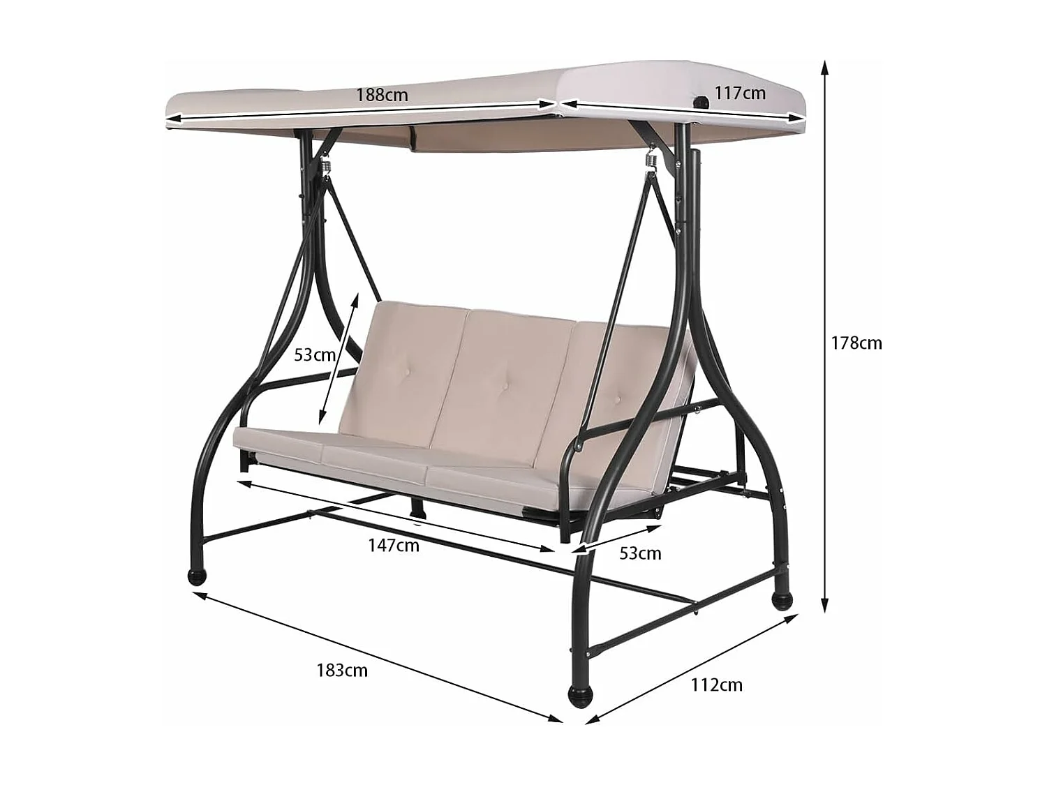 2 en 1 Jardin Balançoire Bain de Soleil, 3 Places avec Toit Réglable, Balancelle de Jardin, Dossier Ergonomique, pour Cour, Jardin, Balcon, 112x183x178 cm