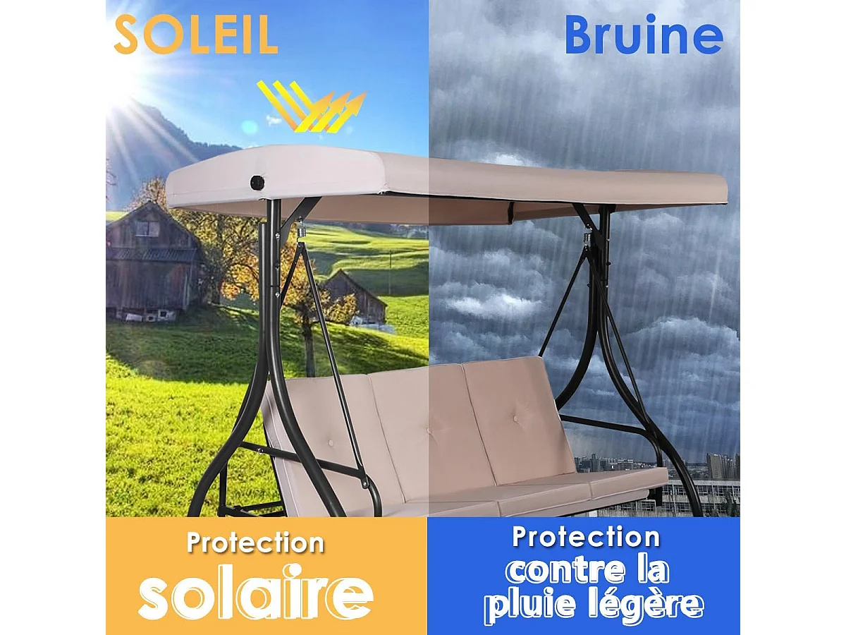 2 en 1 Jardin Balançoire Bain de Soleil, 3 Places avec Toit Réglable, Balancelle de Jardin, Dossier Ergonomique, pour Cour, Jardin, Balcon, 112x183x178 cm