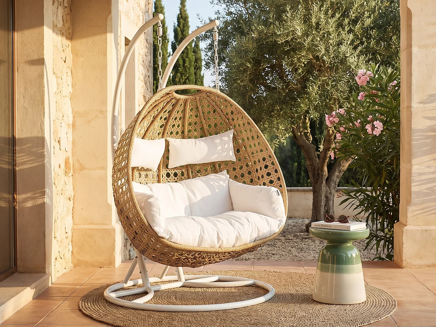 Poltrona sospesa 2 posti in Resina intrecciata Naturale chiaro con cuscino Bianco  - TILLO di MYLIA