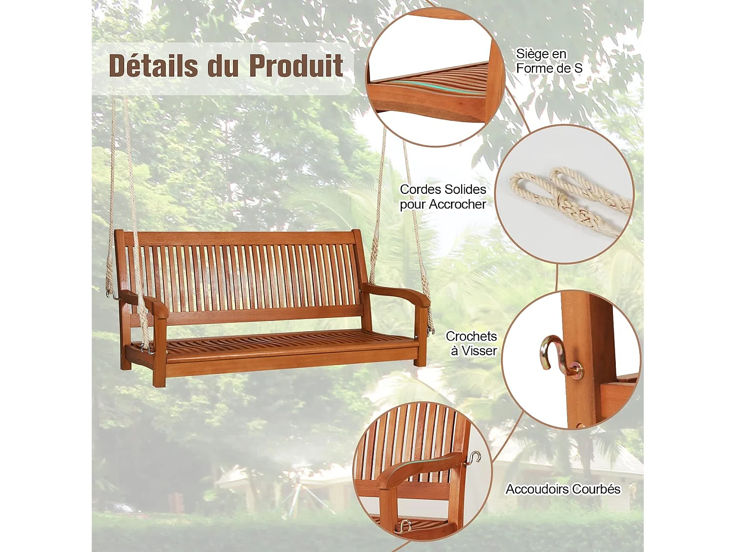 Banc Suspendu 2 Places Balancelle Siège de Balançoire de Jardin en Eucalyptus pour Terrasse Balcon Extérieur 126 x 62 x 60 cm (L x l x H)