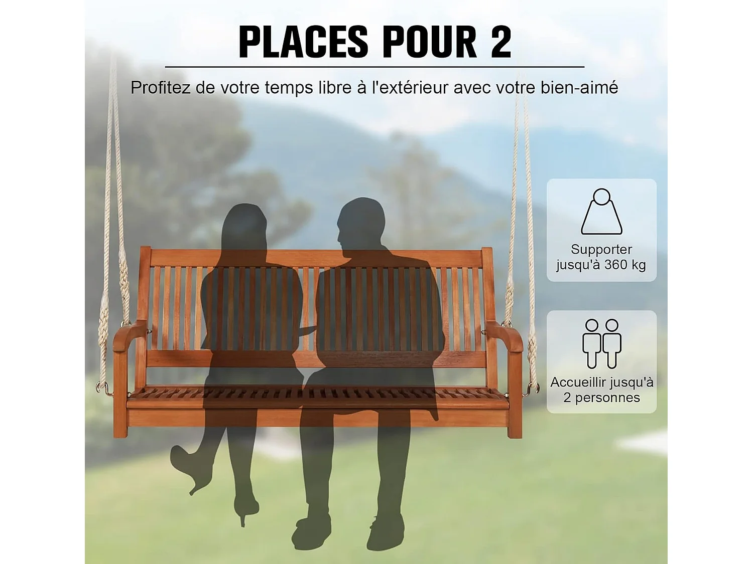 Banc Suspendu 2 Places Balancelle Siège de Balançoire de Jardin en Eucalyptus pour Terrasse Balcon Extérieur 126 x 62 x 60 cm (L x l x H)