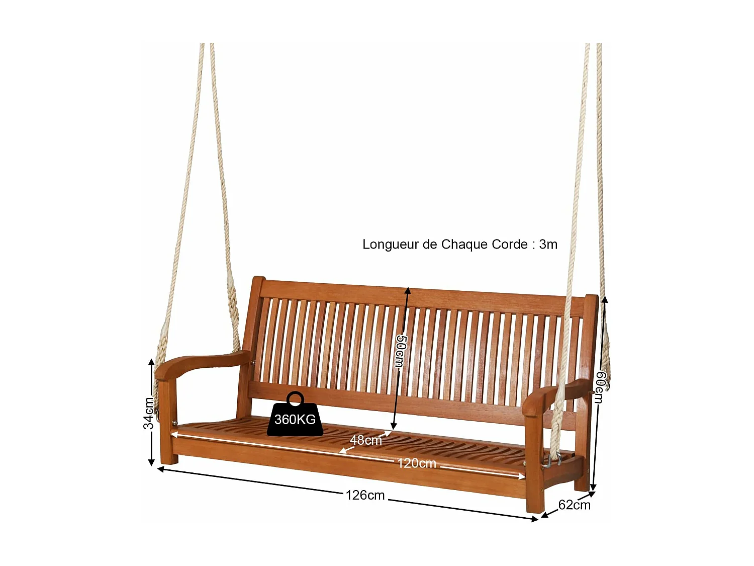 Banc Suspendu 2 Places Balancelle Siège de Balançoire de Jardin en Eucalyptus pour Terrasse Balcon Extérieur 126 x 62 x 60 cm (L x l x H)