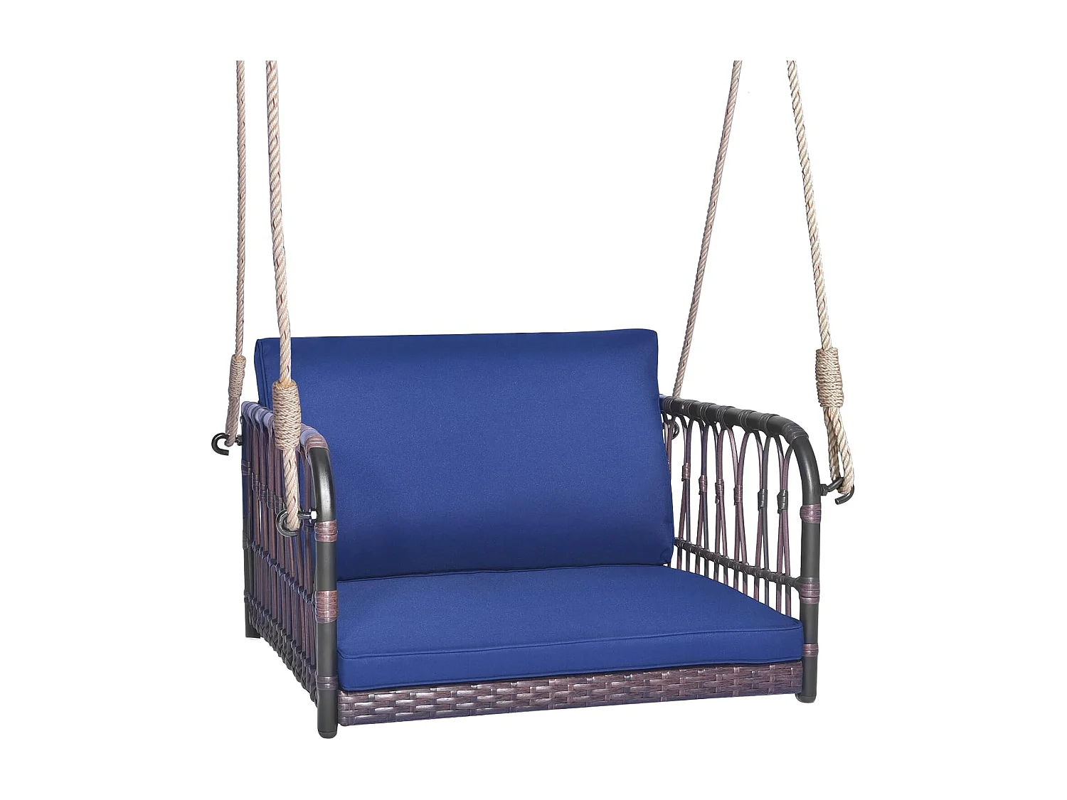 Balançoire de Jardin avec Cadre en Métal et en Rotin et fibre naturelle PE, Balancelle de Porche Tissée en Osier 1 Place avec Coussins, Banc Suspendu avec 2 Cordes de Suspension, Charge 180 KG (78 x 62 x 38 cm)