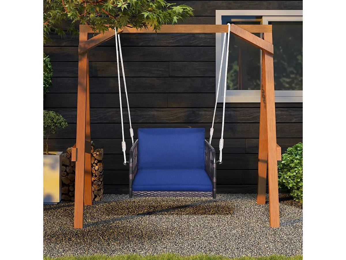 Balançoire de Jardin avec Cadre en Métal et en Rotin et fibre naturelle PE, Balancelle de Porche Tissée en Osier 1 Place avec Coussins, Banc Suspendu avec 2 Cordes de Suspension, Charge 180 KG (78 x 62 x 38 cm)