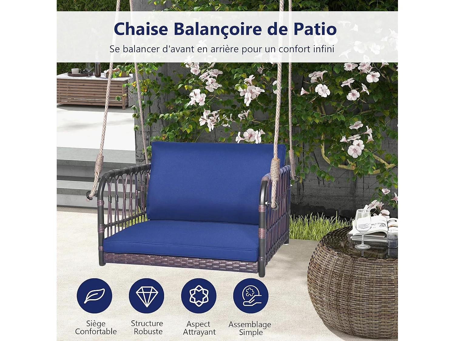 Balançoire de Jardin avec Cadre en Métal et en Rotin et fibre naturelle PE, Balancelle de Porche Tissée en Osier 1 Place avec Coussins, Banc Suspendu avec 2 Cordes de Suspension, Charge 180 KG (78 x 62 x 38 cm)