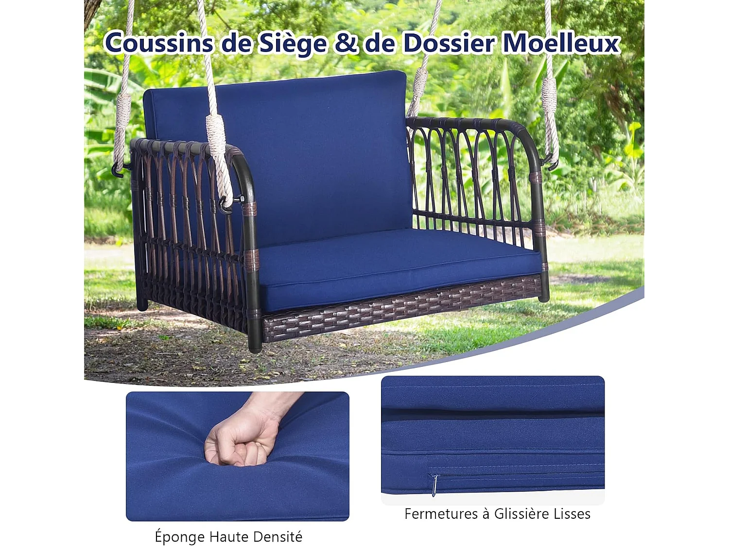 Balançoire de Jardin avec Cadre en Métal et en Rotin et fibre naturelle PE, Balancelle de Porche Tissée en Osier 1 Place avec Coussins, Banc Suspendu avec 2 Cordes de Suspension, Charge 180 KG (78 x 62 x 38 cm)