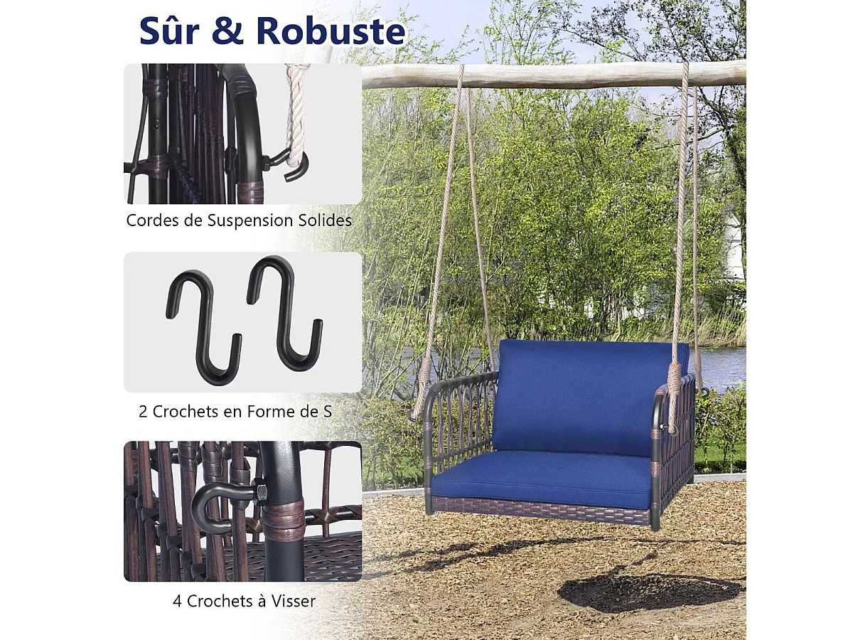 Balançoire de Jardin avec Cadre en Métal et en Rotin et fibre naturelle PE, Balancelle de Porche Tissée en Osier 1 Place avec Coussins, Banc Suspendu avec 2 Cordes de Suspension, Charge 180 KG (78 x 62 x 38 cm)