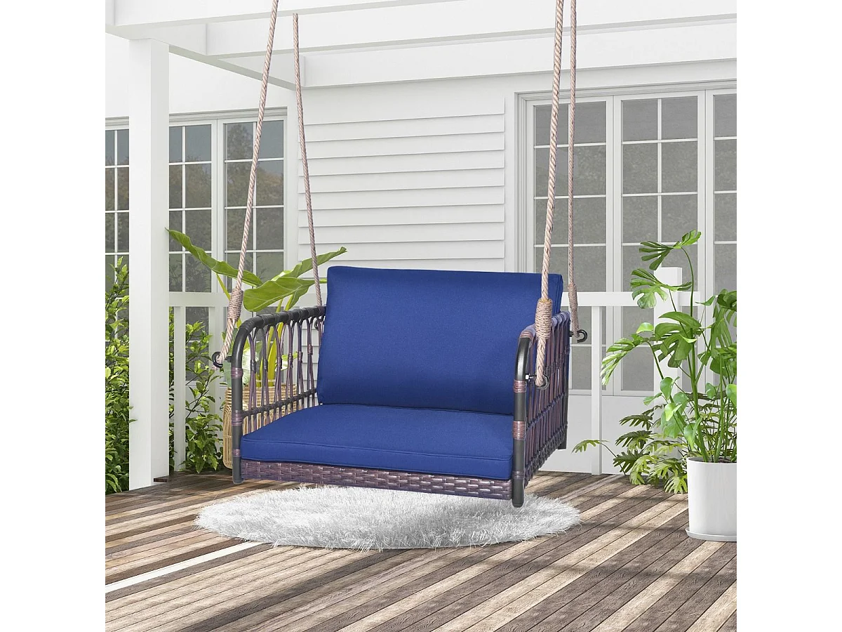Balançoire de Jardin avec Cadre en Métal et en Rotin et fibre naturelle PE, Balancelle de Porche Tissée en Osier 1 Place avec Coussins, Banc Suspendu avec 2 Cordes de Suspension, Charge 180 KG (78 x 62 x 38 cm)