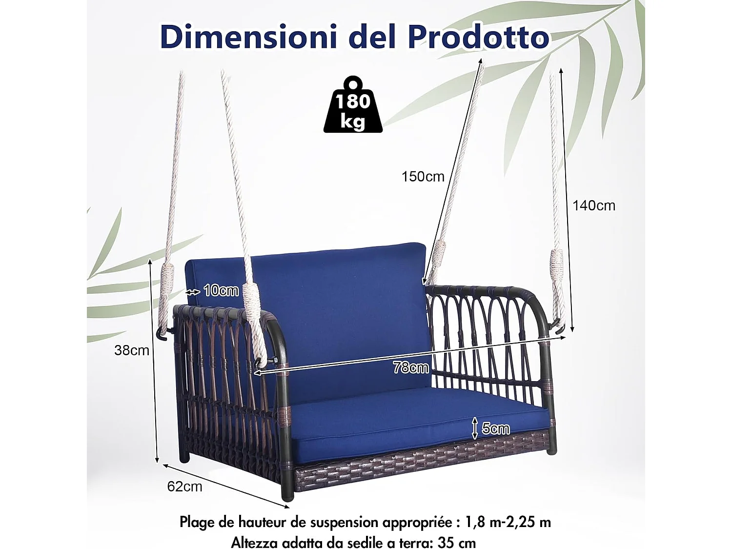 Balançoire de Jardin avec Cadre en Métal et en Rotin et fibre naturelle PE, Balancelle de Porche Tissée en Osier 1 Place avec Coussins, Banc Suspendu avec 2 Cordes de Suspension, Charge 180 KG (78 x 62 x 38 cm)