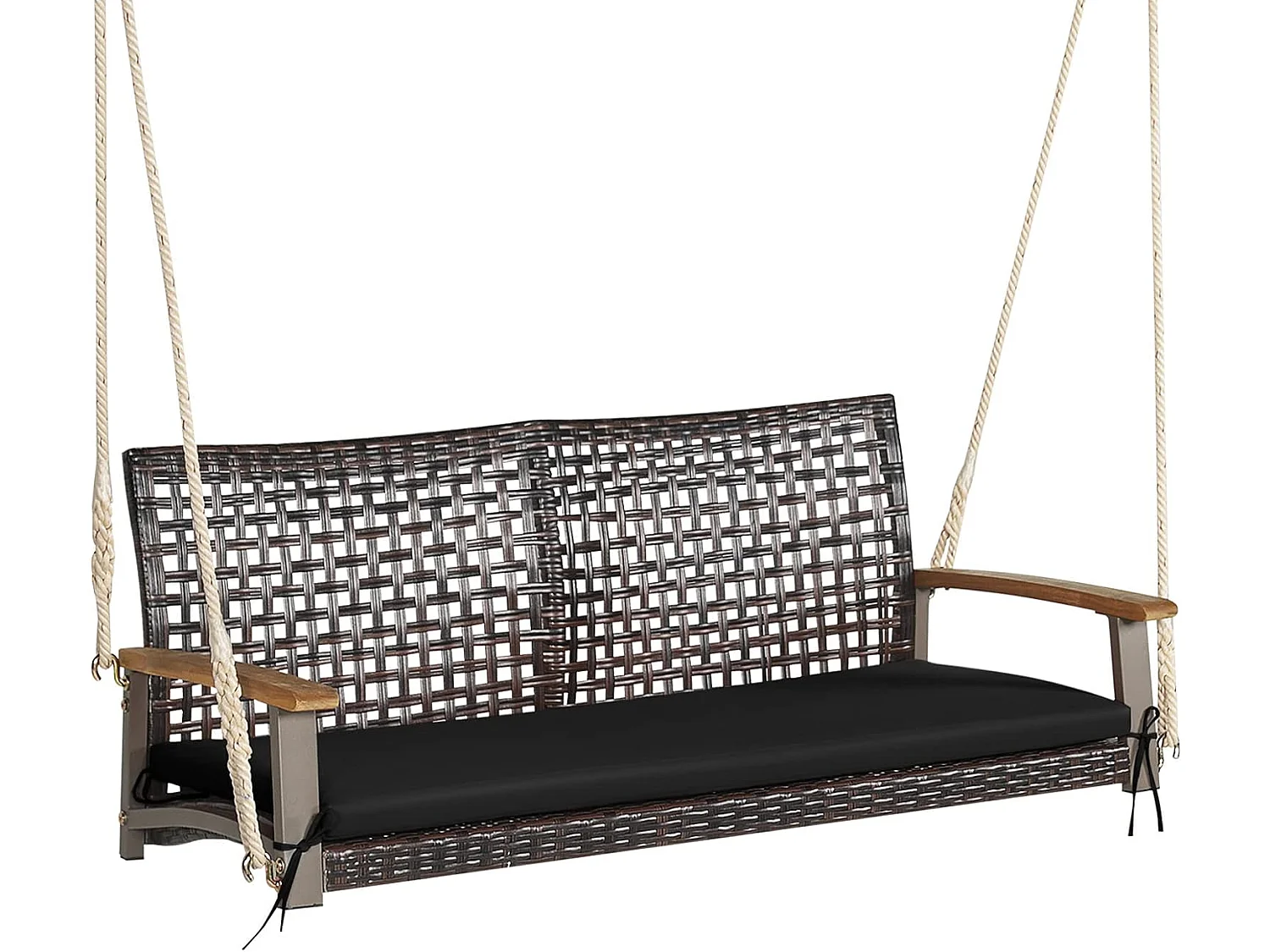 Balançoire de Jardin en Rotin et fibre naturelle à 2 Places, Balancelle de Porche en Osier avec Accoudoir en Bois d'Acacia et Coussin, Banc Suspendu avec 2 Cordes de Suspension de 300 CM, Charge 360 KG (Coussin en Noir)