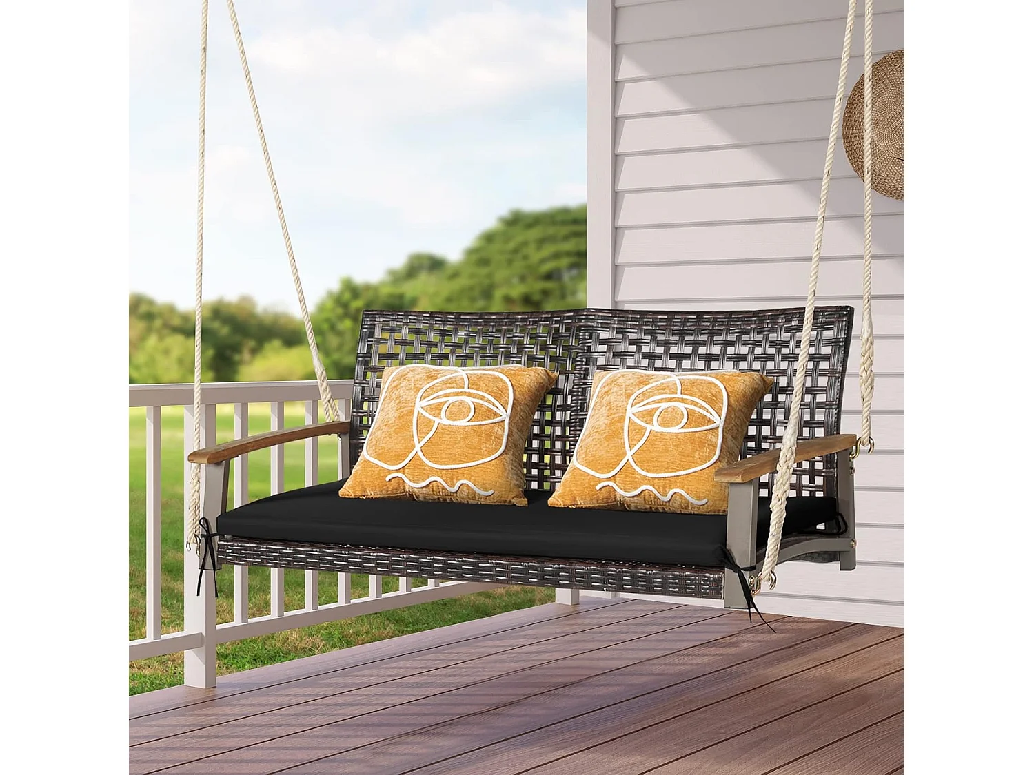 Balançoire de Jardin en Rotin et fibre naturelle à 2 Places, Balancelle de Porche en Osier avec Accoudoir en Bois d'Acacia et Coussin, Banc Suspendu avec 2 Cordes de Suspension de 300 CM, Charge 360 KG (Coussin en Noir)