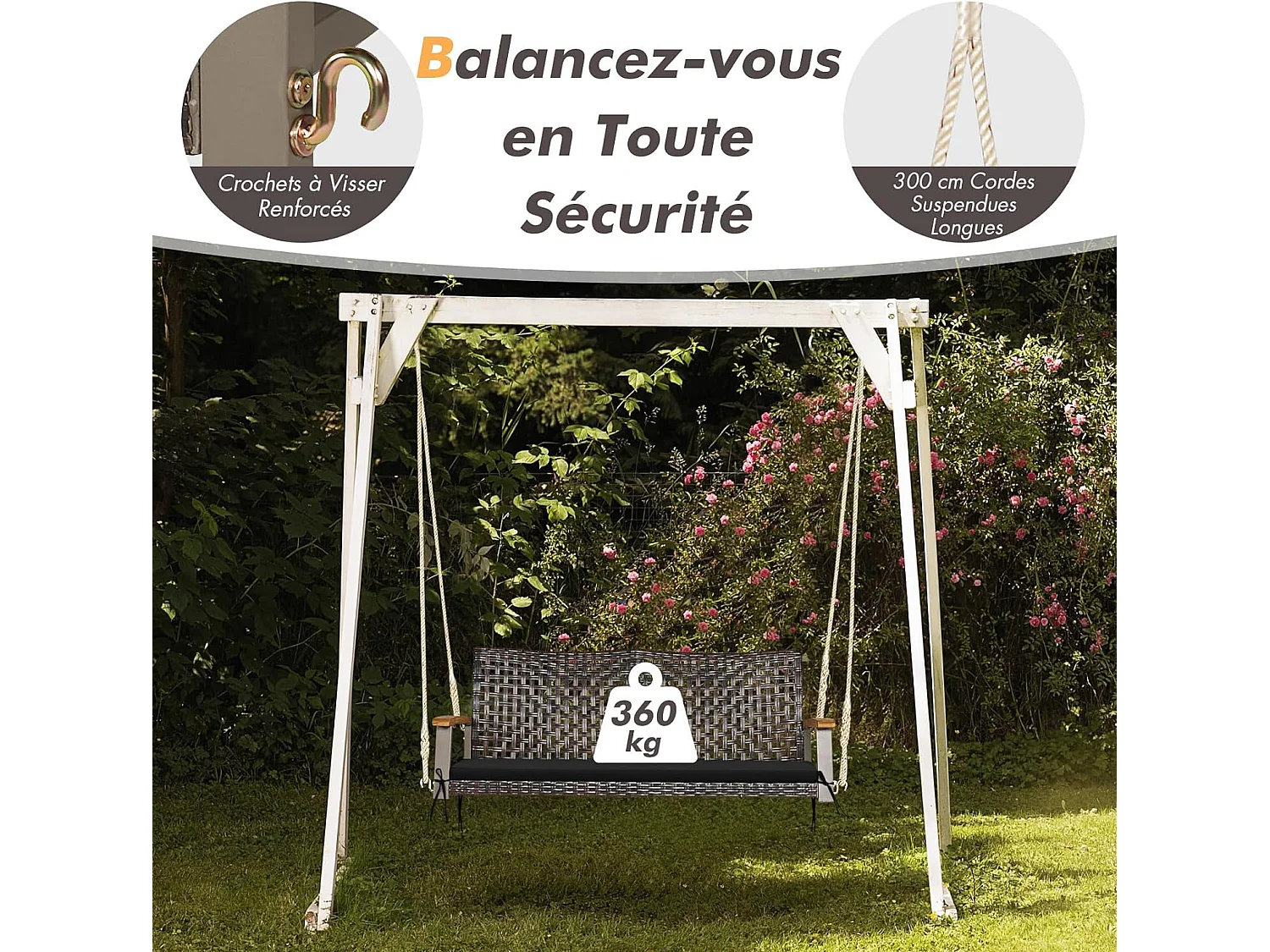 Balançoire de Jardin en Rotin et fibre naturelle à 2 Places, Balancelle de Porche en Osier avec Accoudoir en Bois d'Acacia et Coussin, Banc Suspendu avec 2 Cordes de Suspension de 300 CM, Charge 360 KG (Coussin en Noir)