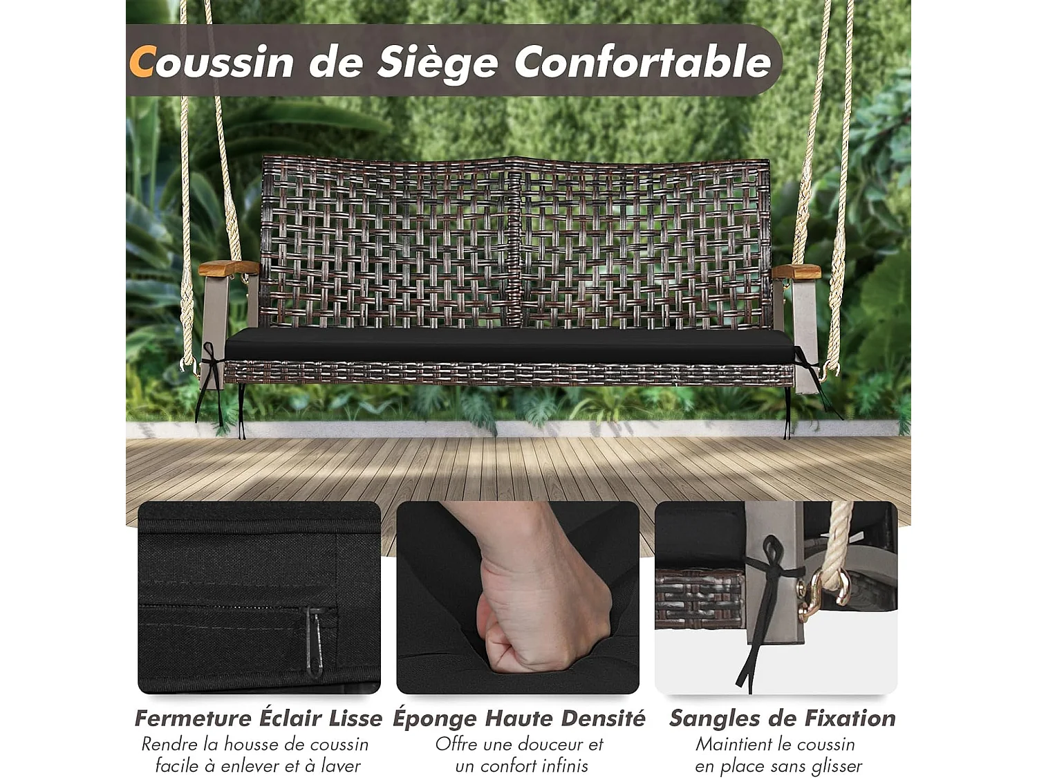 Balançoire de Jardin en Rotin et fibre naturelle à 2 Places, Balancelle de Porche en Osier avec Accoudoir en Bois d'Acacia et Coussin, Banc Suspendu avec 2 Cordes de Suspension de 300 CM, Charge 360 KG (Coussin en Noir)