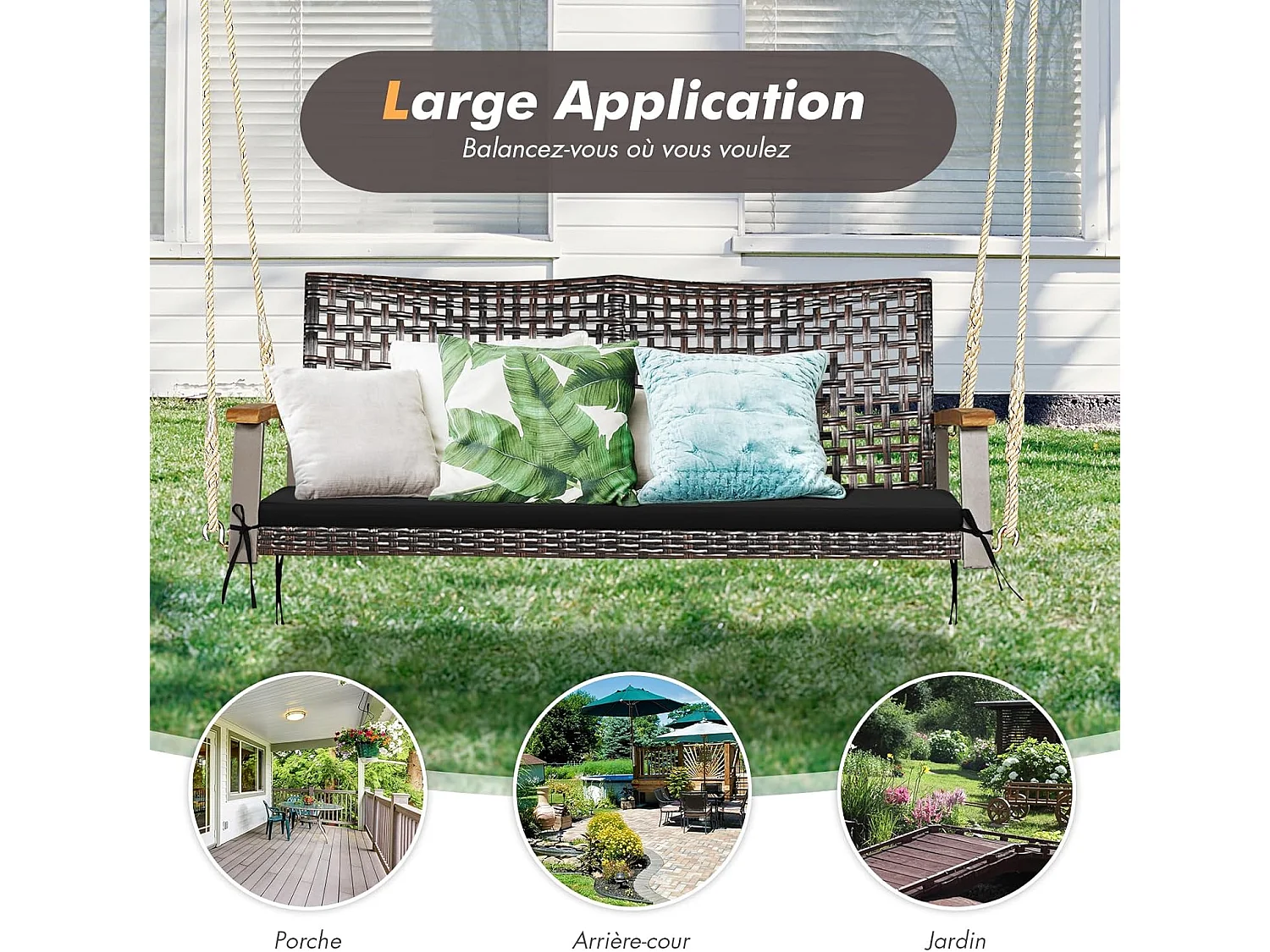 Balançoire de Jardin en Rotin et fibre naturelle à 2 Places, Balancelle de Porche en Osier avec Accoudoir en Bois d'Acacia et Coussin, Banc Suspendu avec 2 Cordes de Suspension de 300 CM, Charge 360 KG (Coussin en Noir)