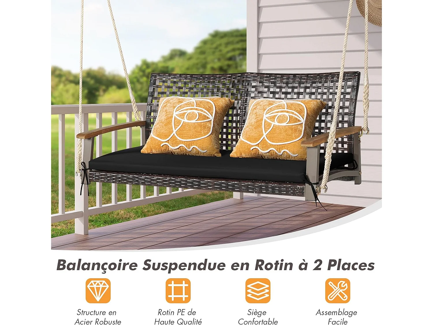 Balançoire de Jardin en Rotin et fibre naturelle à 2 Places, Balancelle de Porche en Osier avec Accoudoir en Bois d'Acacia et Coussin, Banc Suspendu avec 2 Cordes de Suspension de 300 CM, Charge 360 KG (Coussin en Noir)