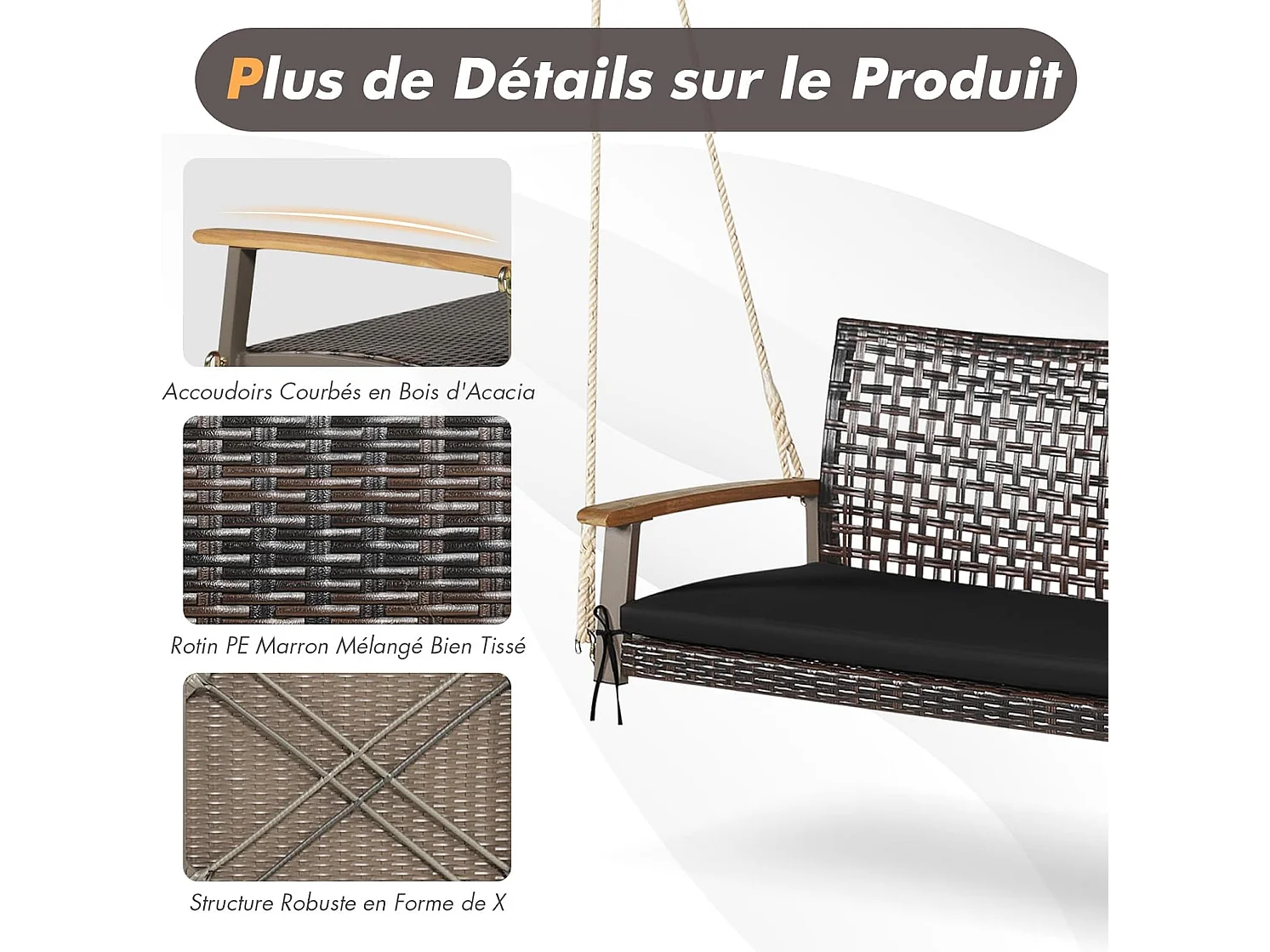 Balançoire de Jardin en Rotin et fibre naturelle à 2 Places, Balancelle de Porche en Osier avec Accoudoir en Bois d'Acacia et Coussin, Banc Suspendu avec 2 Cordes de Suspension de 300 CM, Charge 360 KG (Coussin en Noir)