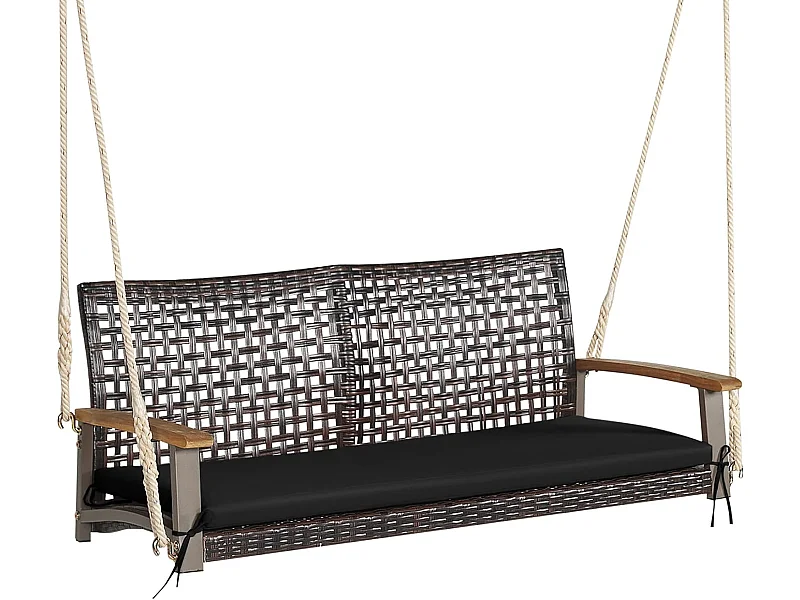 Balançoire de Jardin en Rotin et fibre naturelle à 2 Places, Balancelle de Porche en Osier avec Accoudoir en Bois d'Acacia et Coussin, Banc Suspendu avec 2 Cordes de Suspension de 300 CM, Charge 360 KG (Coussin en Noir)