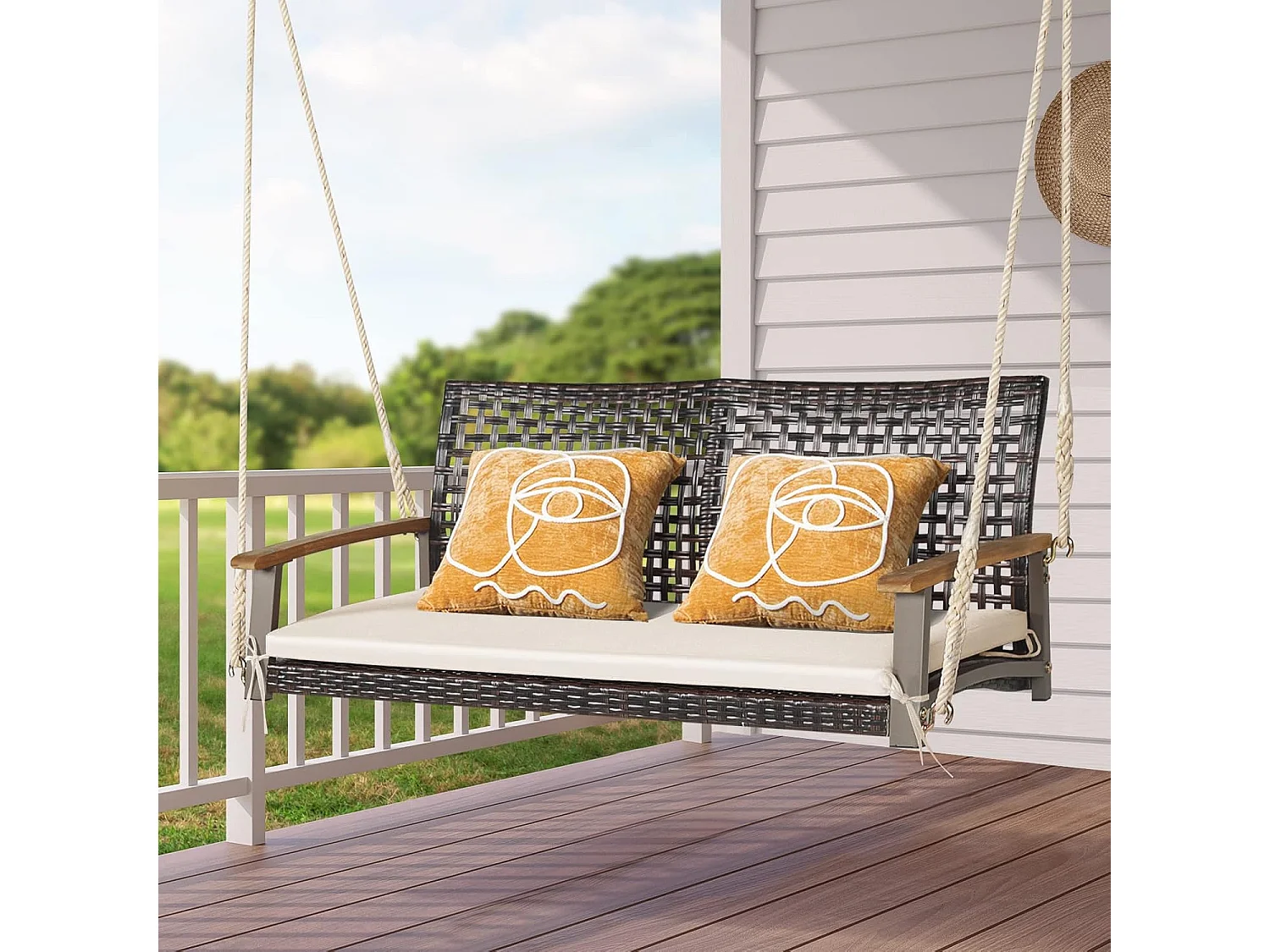 2-zits tuinschommel van rotan en natuurlijke vezels, rieten verandaschommel met armleuning en kussen van acaciahout, hangende bank met 2 ophangkabels van 300 cm, belasting 360 kg (beige)