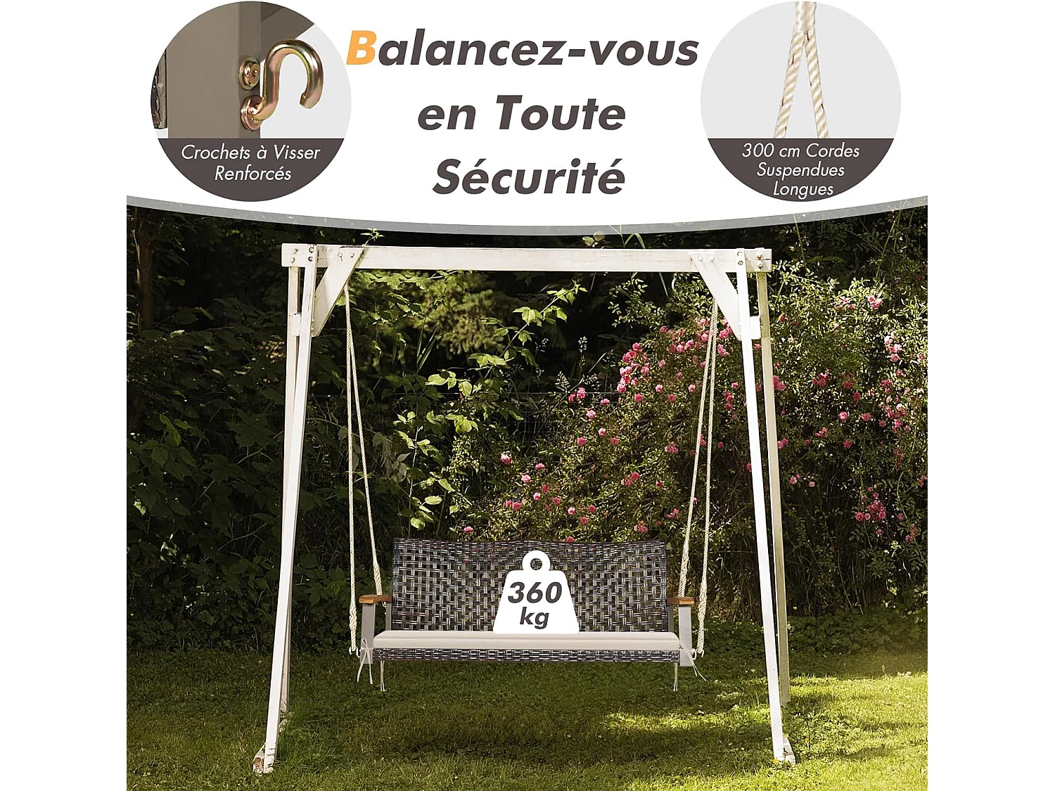 2-zits tuinschommel van rotan en natuurlijke vezels, rieten verandaschommel met armleuning en kussen van acaciahout, hangende bank met 2 ophangkabels van 300 cm, belasting 360 kg (beige)