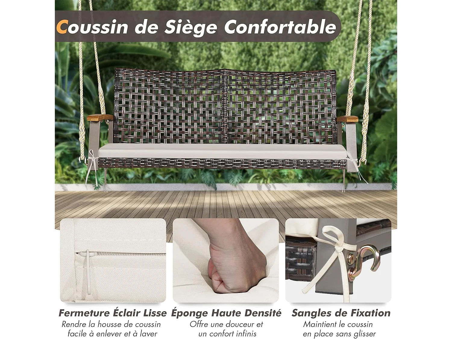 2-zits tuinschommel van rotan en natuurlijke vezels, rieten verandaschommel met armleuning en kussen van acaciahout, hangende bank met 2 ophangkabels van 300 cm, belasting 360 kg (beige)