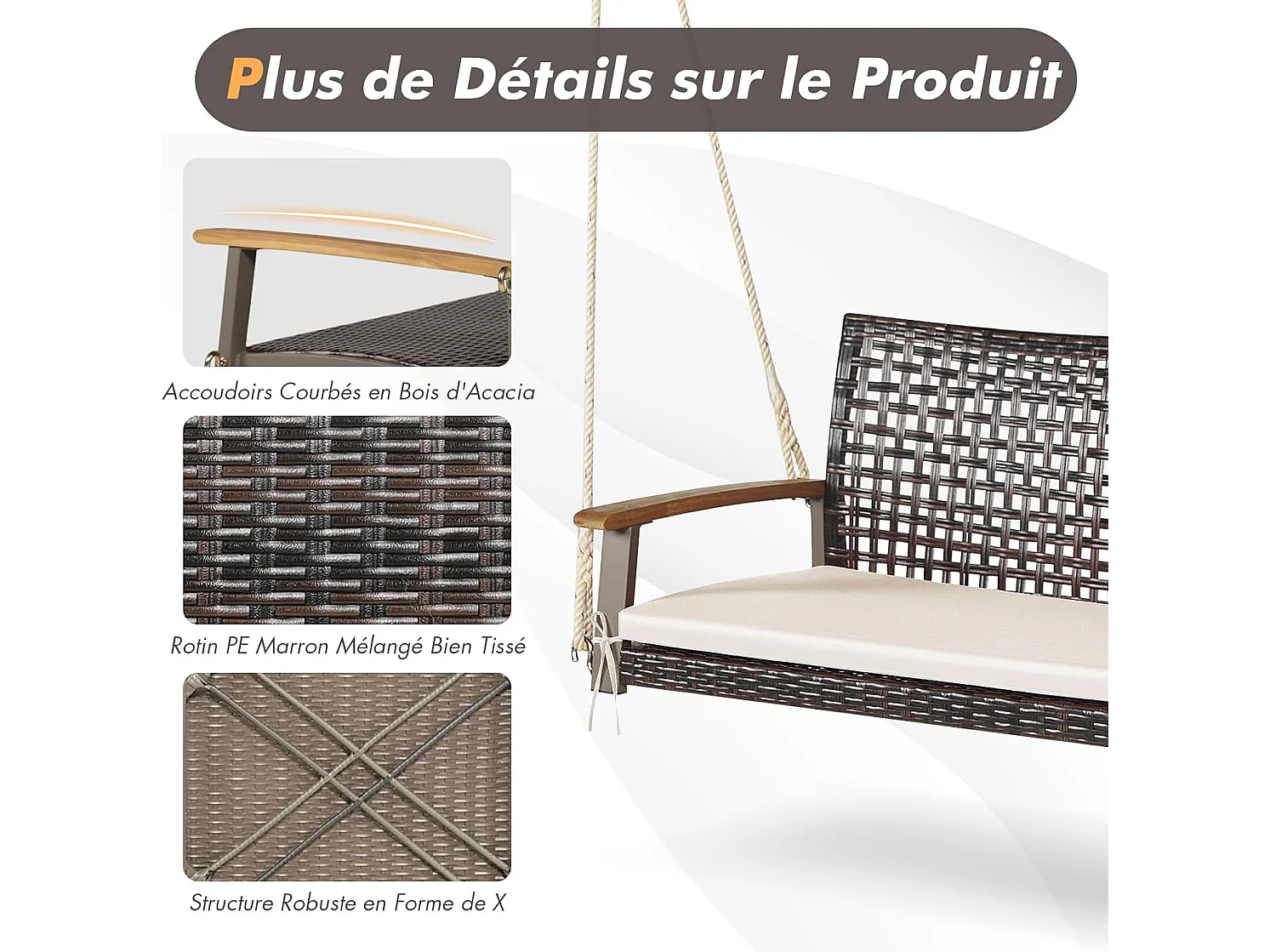 2-zits tuinschommel van rotan en natuurlijke vezels, rieten verandaschommel met armleuning en kussen van acaciahout, hangende bank met 2 ophangkabels van 300 cm, belasting 360 kg (beige)