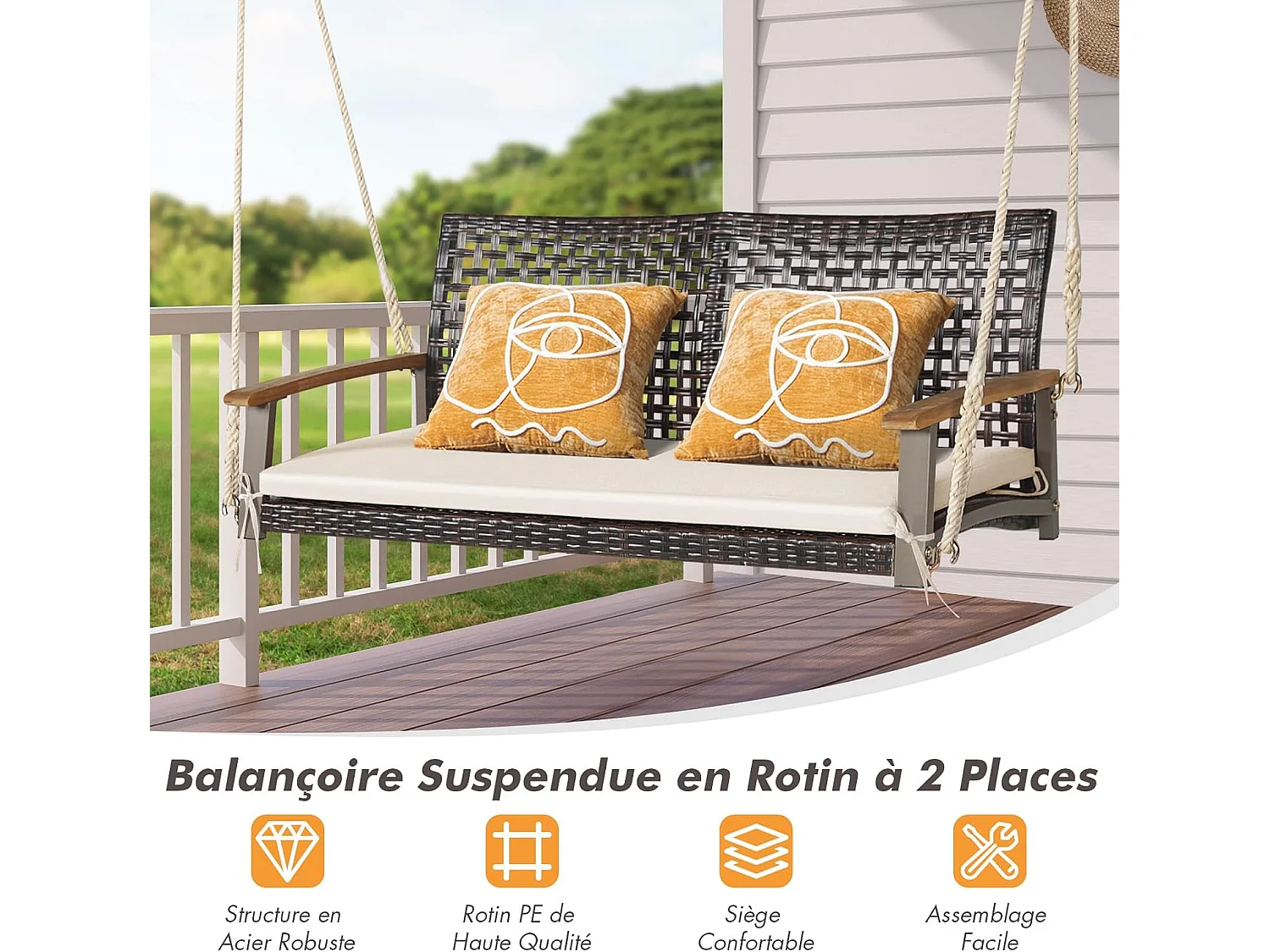 2-zits tuinschommel van rotan en natuurlijke vezels, rieten verandaschommel met armleuning en kussen van acaciahout, hangende bank met 2 ophangkabels van 300 cm, belasting 360 kg (beige)