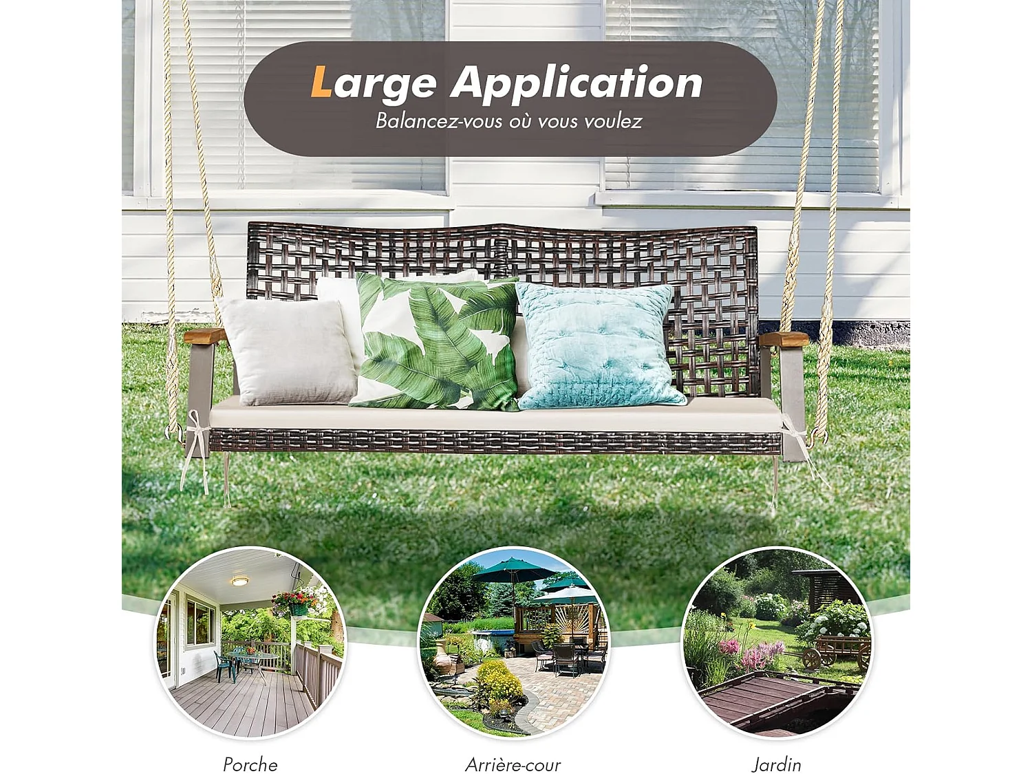 2-zits tuinschommel van rotan en natuurlijke vezels, rieten verandaschommel met armleuning en kussen van acaciahout, hangende bank met 2 ophangkabels van 300 cm, belasting 360 kg (beige)