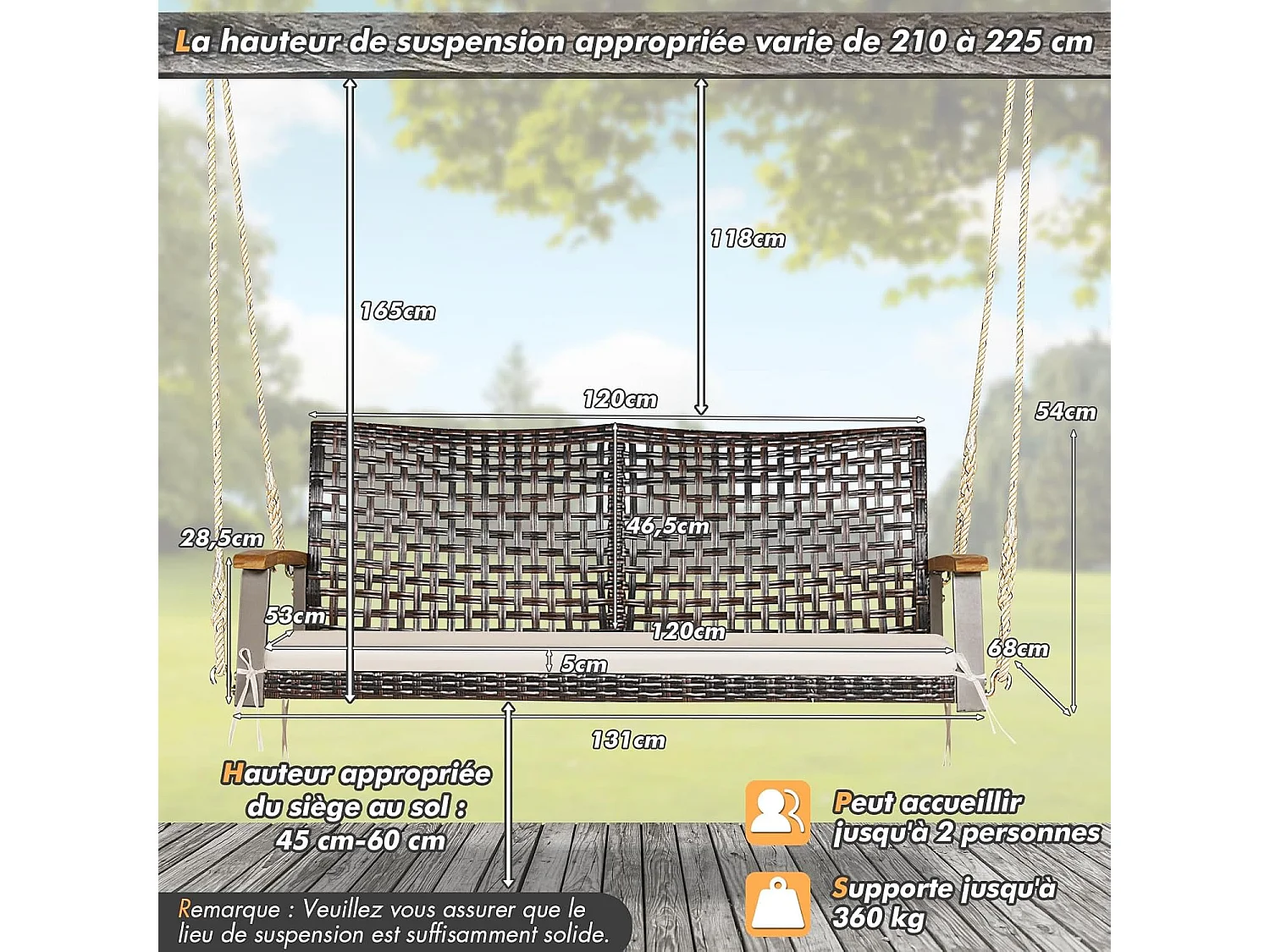 2-zits tuinschommel van rotan en natuurlijke vezels, rieten verandaschommel met armleuning en kussen van acaciahout, hangende bank met 2 ophangkabels van 300 cm, belasting 360 kg (beige)